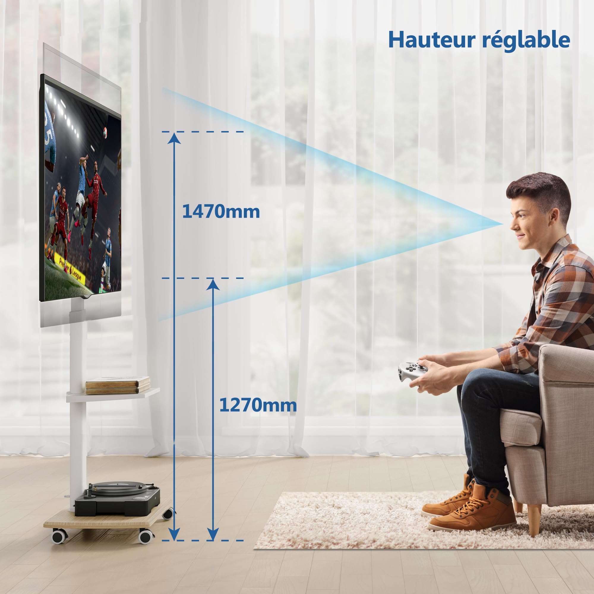 FITUEYES Support TV roulettes avec Pied en Bois de 20 MM pour TV de 32 à 70 Pouces,Support Television sur Pied Pivotant 60° et 6 Réglages de Hauteur jusqu'à 40 KG,Max VESA 600 x 400 MM