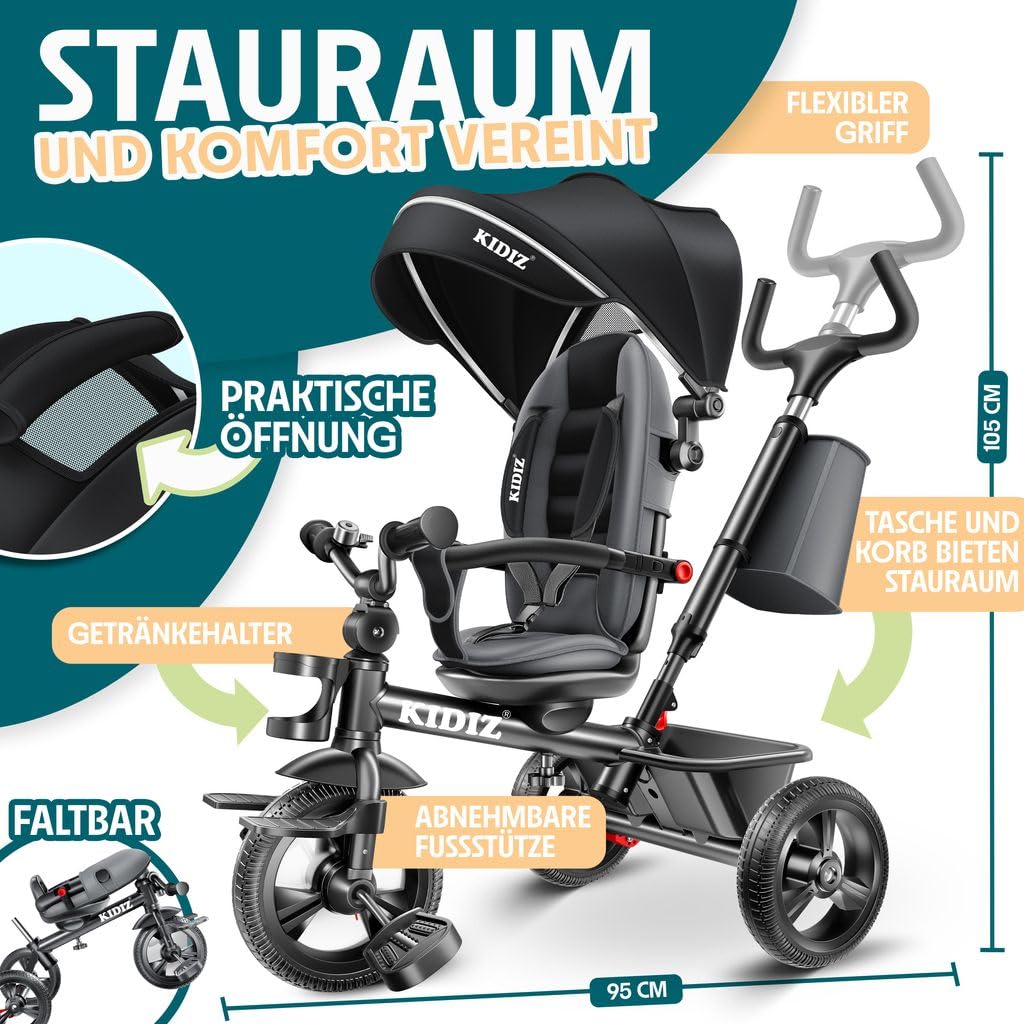 KIDIZ® Dreirad 6in1 Kinderdreirad mit Schubstange Lenkbar ab 9 Monaten bis 25Kg Jogger vorwärts & Rückwärtsfahrt, Korb Tasche Getränkehalter Sonnendach Gummiräder Buggy Fahrrad Baby Klappbar Schwarz