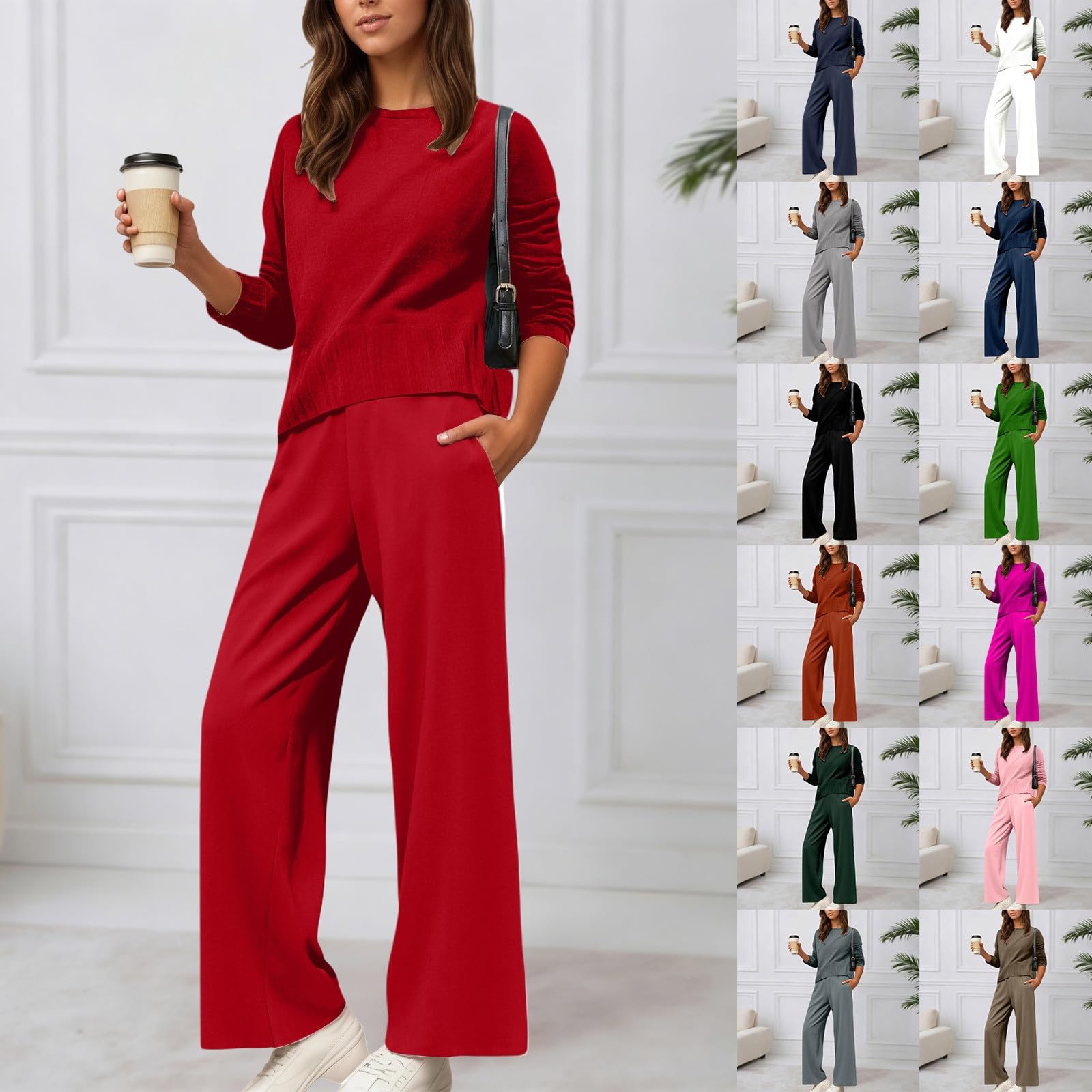 Generisch Tenue 2 pièces pour femme - Pull en tricot et pantalon - 2 pièces - Col rond - Avec cordon de serrage - Survêtement léger et confortable - Manches courtes - Vêtements d'intérieur