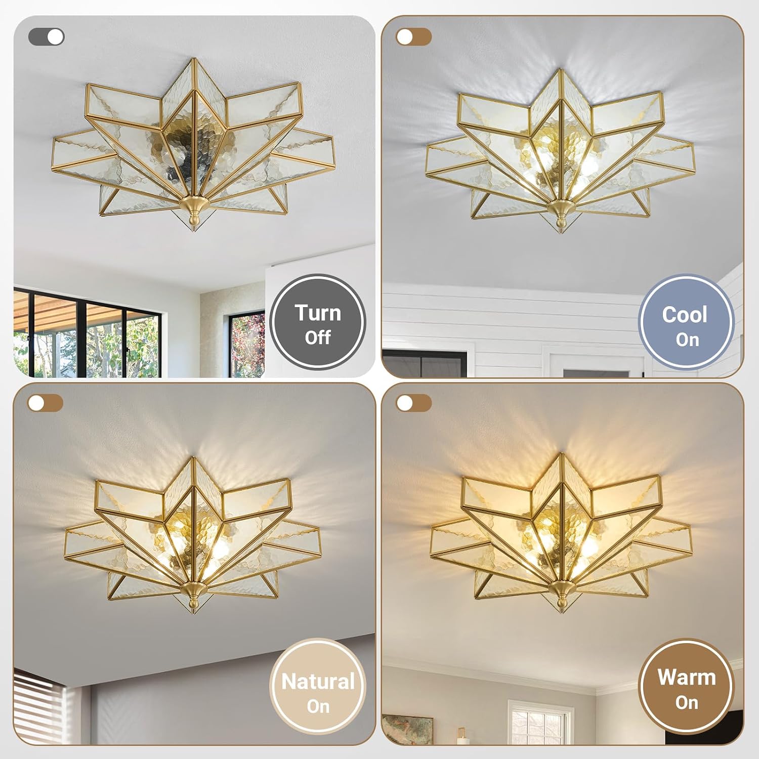 Gold Brass Star Wall Sconce: 20 Inch Glass Semi Flush Mount Ceiling Light - Art Decor Bronze Lighting Fixtures - Mid Century Vintage Lights for Bedroom Kitchen Dining Room Entry Foyer Outdoor Porch