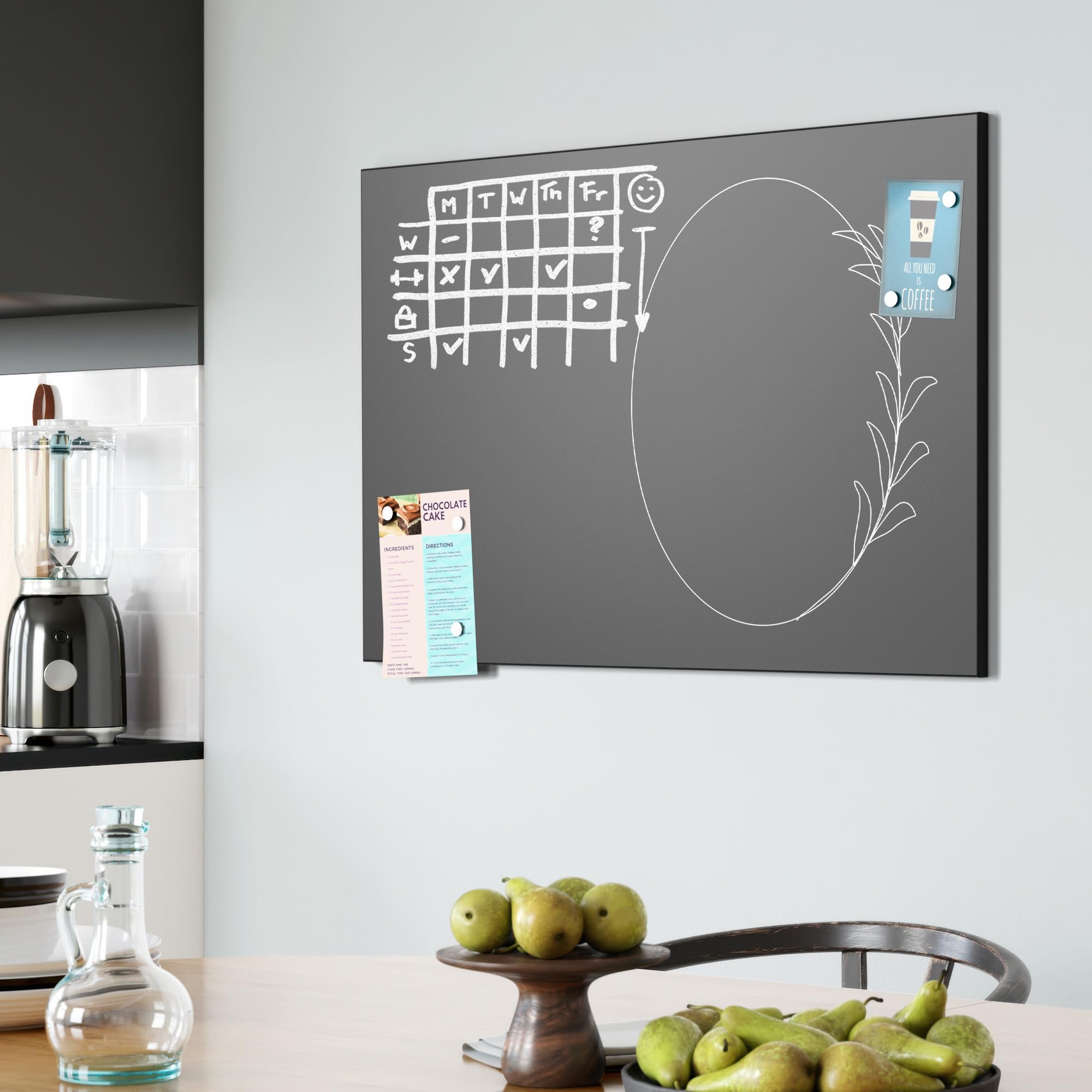 DEQORI Pizarra magnética con impresión UV | diseño "marco de hojas ovaladas" | diseño rectangular de 90 x 60 cm | tiza pizarra metálica se puede escribir – Decoración de pared para cocina, pasillo
