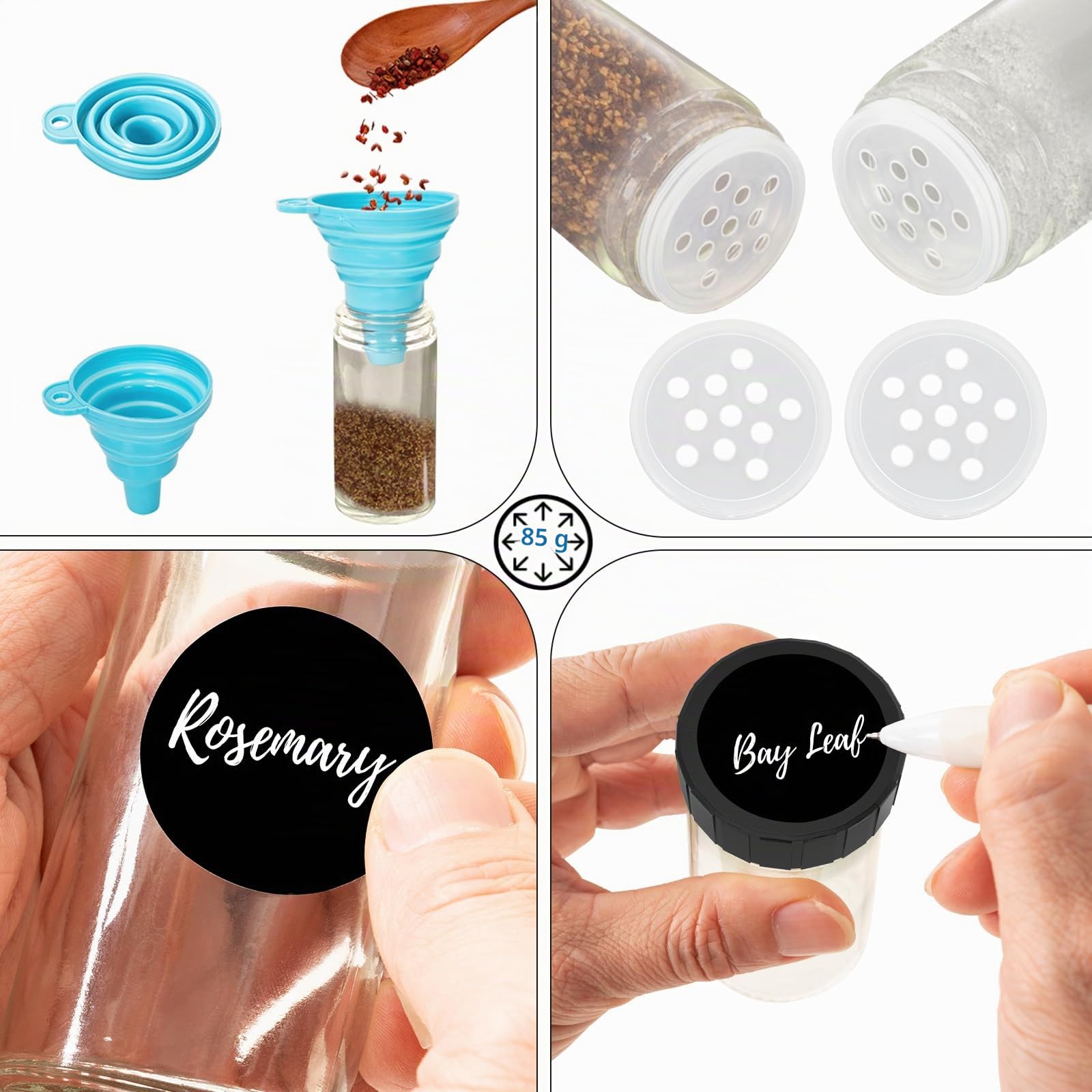 Estante giratorio de especias con 20 vasos de especias,Acero inoxidable | Estante giratorio, Con pegatinas, Funda plegable, Para placa de trabajo o armario