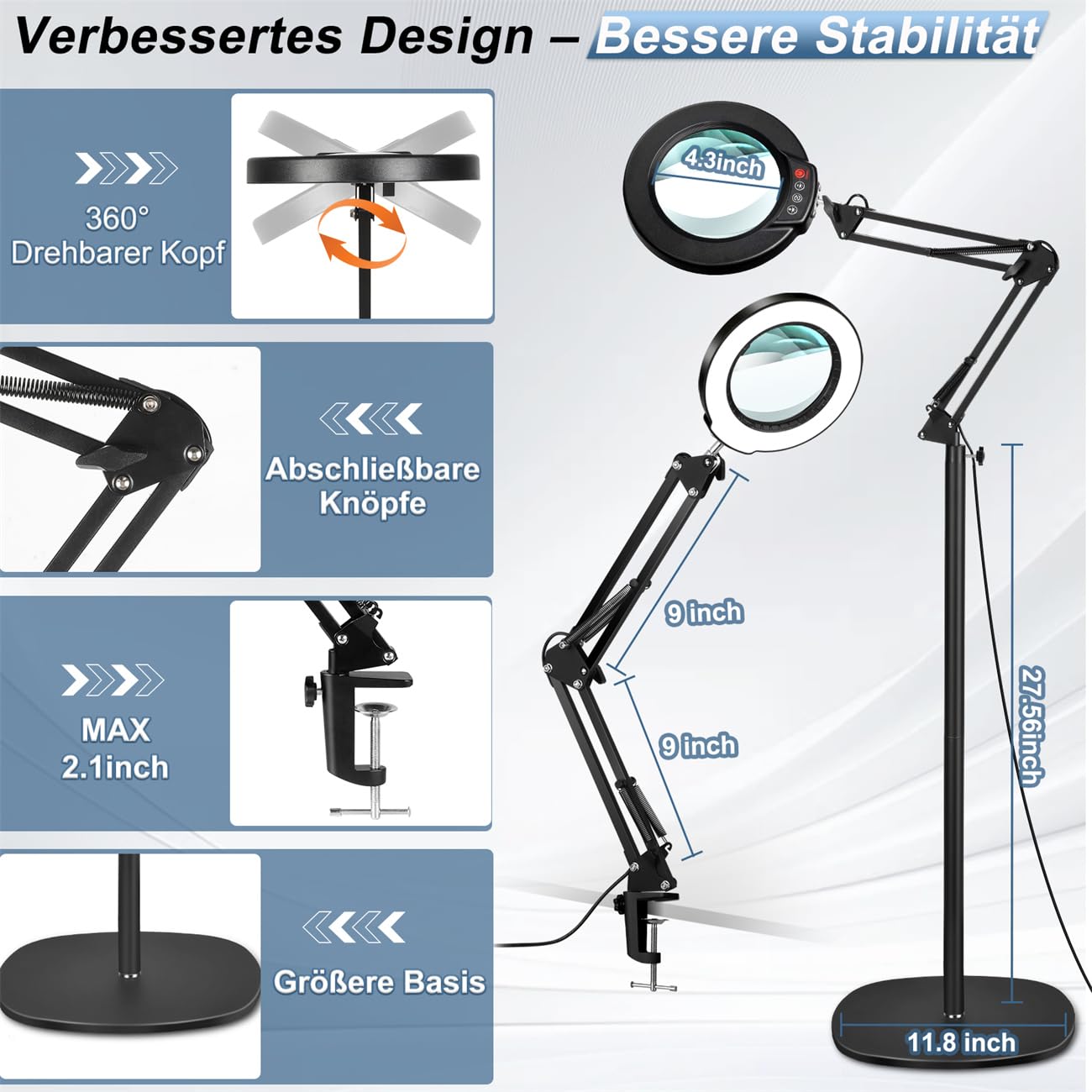 12X Stehlampe Lupe mit Licht und Ständer, 3-in-1 Flexible Schwenkarm Boden LED Lupenleuchte, 5 Farbmodus Stufenlos Dimmbar Leselupe, Freisprech Vergrößerungsboden zum Senioren Hobby