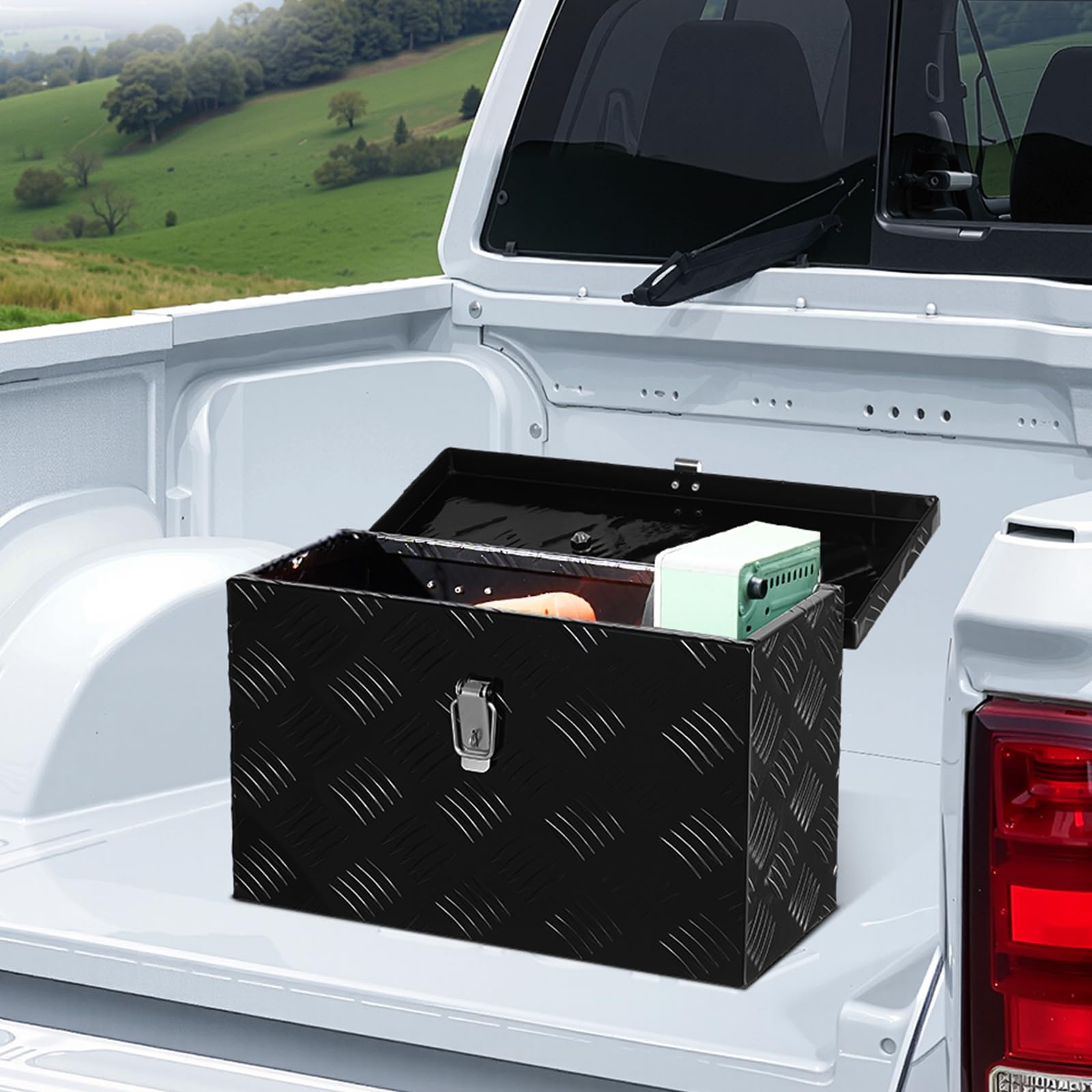 VEVOR Caja de Herramientas de Aluminio Resistente a Caja de Camioneta, con Diseño a Rayas, Asa Lateral y Superior, para Remolque, Camioneta, Autocaravana, 406 x 190 x 254 mm, Negro, Carga 20 kg