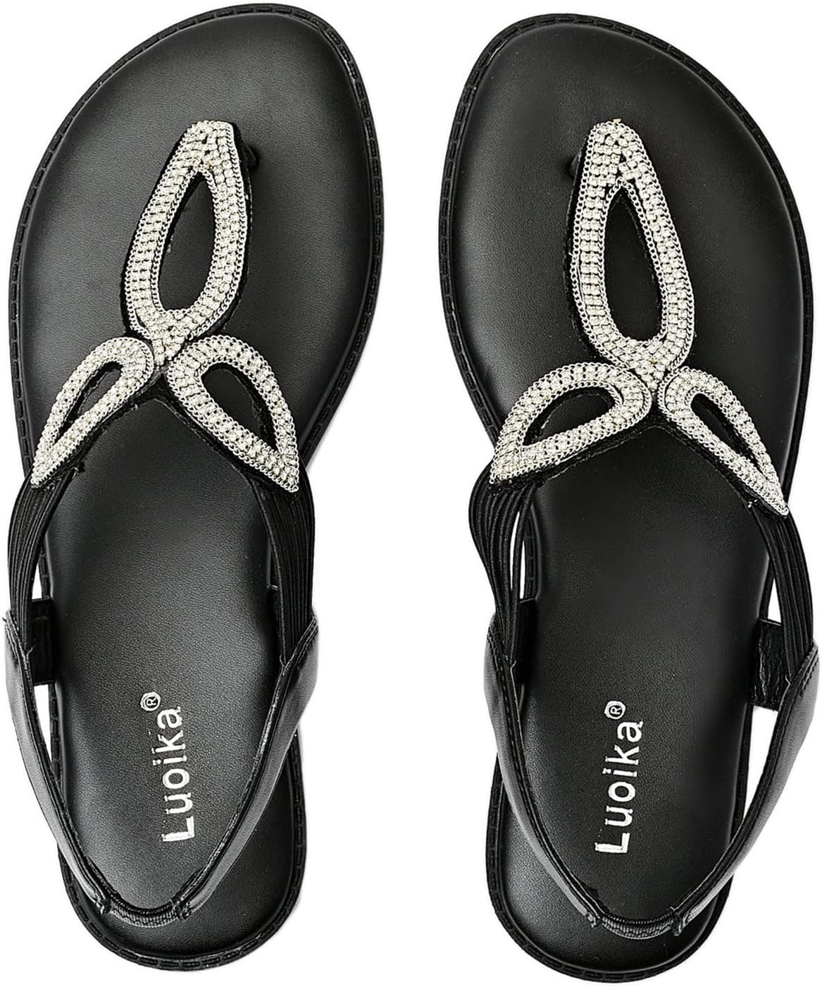 Luoika Women’s Wide Width Flat Slides Sandals, Flip Flop Strappy Rhinestone Thong Sandals Comfortable Summer Beach Shoes for Women.
