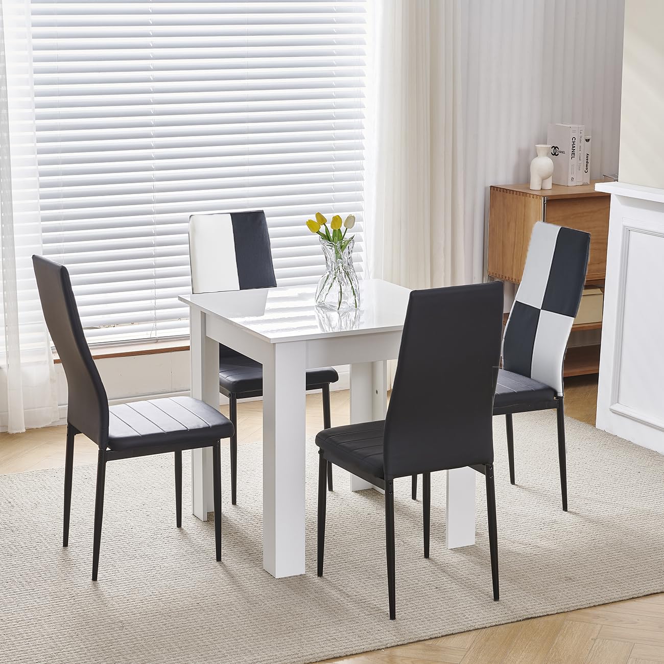 NICEME Compact Dining Table and 4 Chairs, Small Dining Room Set for 4 Seater Kitchen Table with Chairs for Small Space Saving, Glossing Tabletop 75x75 cm (White Table, 4 Seats, PVC Checkered #1) โ image 1