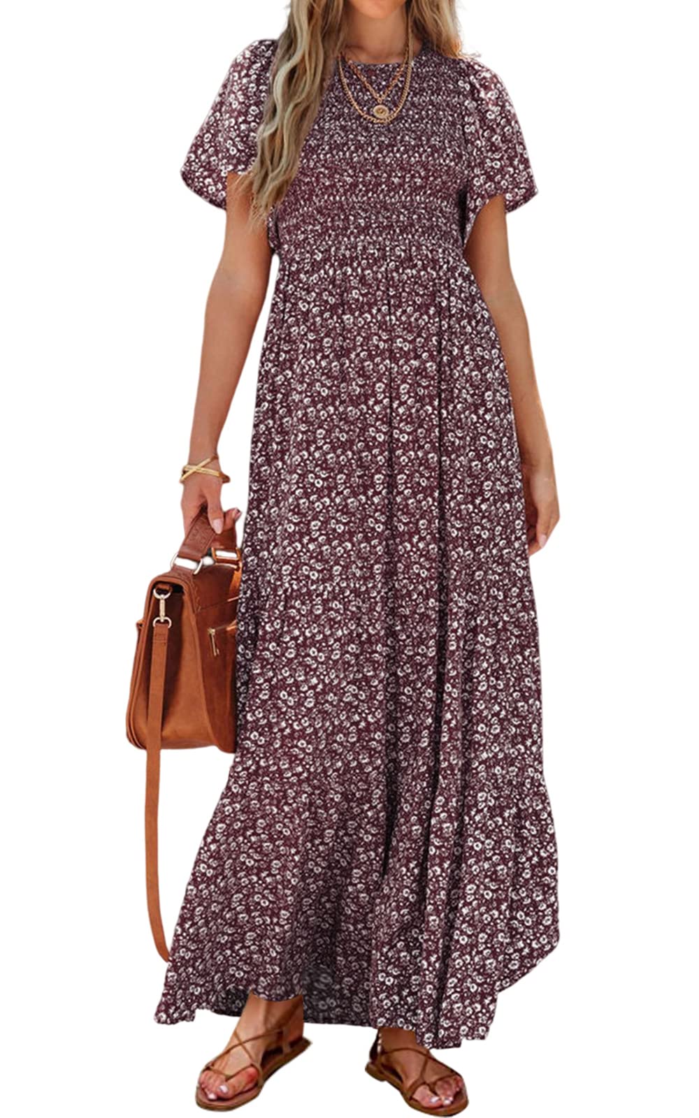 PRETTYGARDEN Women's 2026 Spring Casual Flutter Short Sleeve Boho Floral Maxi Dress Crew Neck Smocked Tiered Long Dresses, Wine Red, S