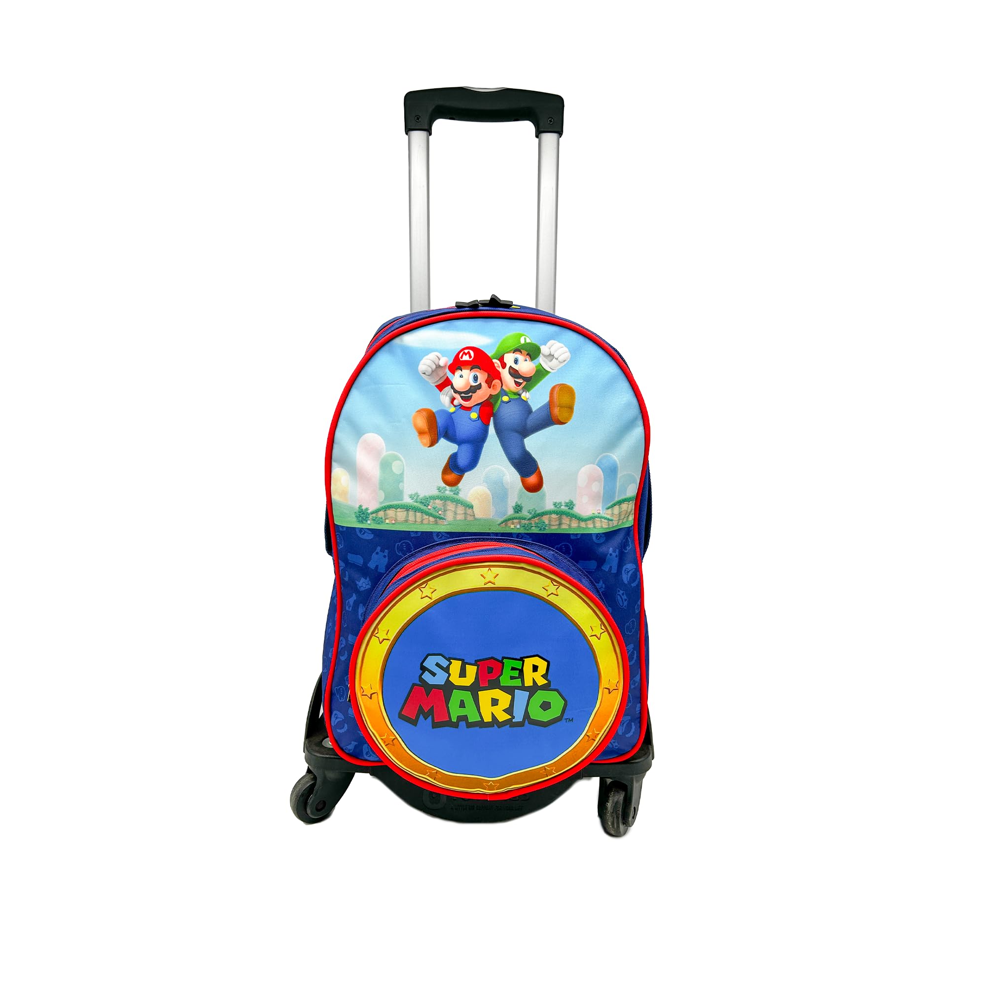 Mochila Escolar Super Mario - Doble Compartimento Adaptable + Carro Negro TOYBAGS con Proteccion Lateral Y STOPER Frontal Anti CAIDA 4 Ruedas giratorias - 45 X 32 X 20 CM