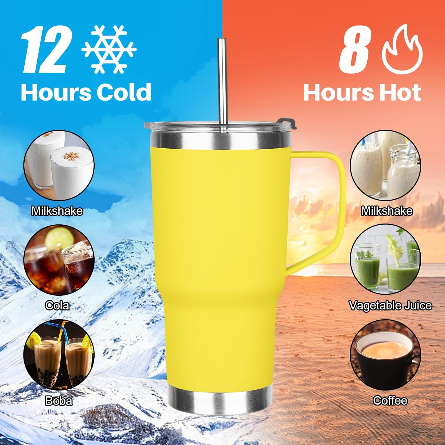 20 oz Tumbler with Handle, Stainless Steel Insulated Tumbler with Lid and Straw, Double Wall Vacuum Coffee Mug Tumbler, Insulated Coffee Thermal Cup for Cold and Hot (Yellow, 20 Ounces) - Image 4