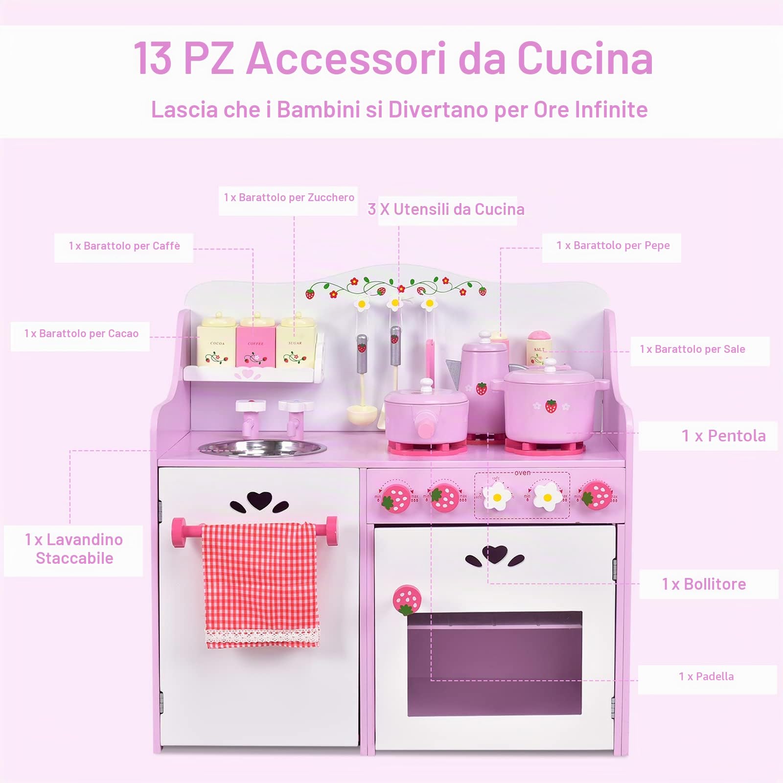 RELAX4LIFE Cucina in Legno per Bambini con Disegni di Fragole, Giocattolo Cottura con Accessori Completi, Regalo Perfetto per le Bambine con più di 3 Anni, Rosa e Bianco, 60 x 30 x 63 cm (L x P x A)