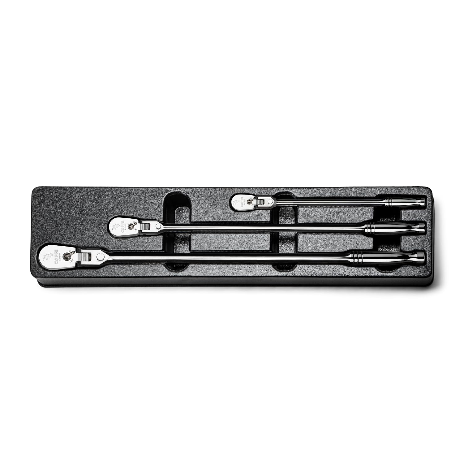 Capri Tools Set di 3 chiavi a cricchetto con testa flessibile a 90 denti, impugnatura extra lunga cromata, attacco da 1/4, 3/8, 1/2"