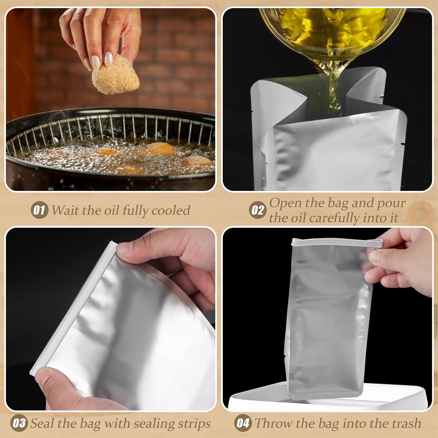 20 Pcs Disposable Grease Storage Bags 11/9 inch Foil Grease Disposal Container Food Storage Bags with Sealing Strips Replacement Grease Bags for Kitchen Cooking Hot Liquids Oils