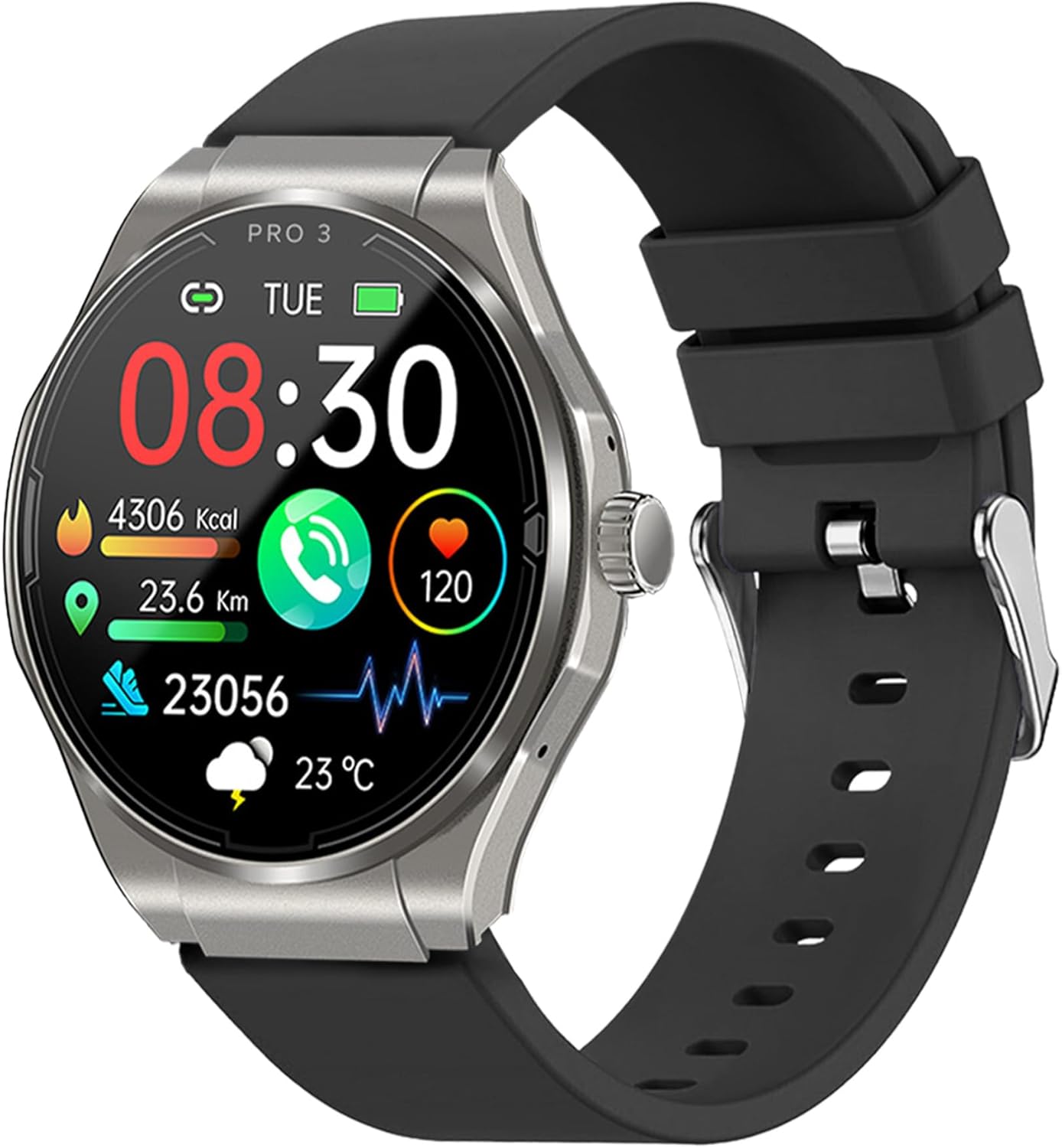 Knauermann PRO 3 Mini (2024) zwart - gezondheidshorloge smartwatch met telefoonfunctie - ECG HRV en SOS-functie - AMOLED-display - BT Bluetooth - slaapapneu - siliconen band roos, 14-24, rond