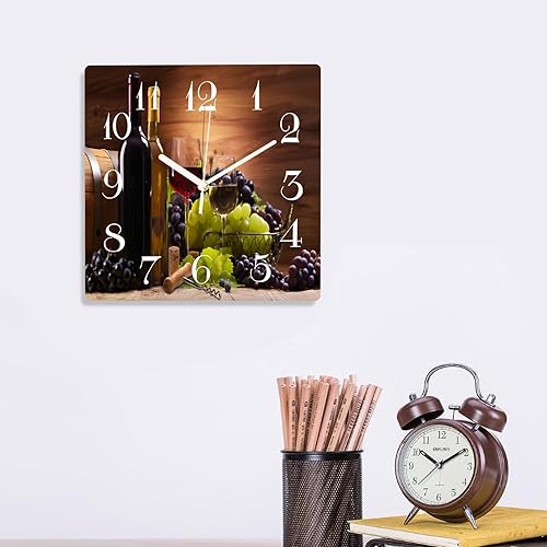 Miniatura 6 de ArtSocket Reloj de pared de madera silencioso sin tictac, uvas de vino tinto, estilo granja, moderno, cuadrado, rústico, reloj de pared decorativo
