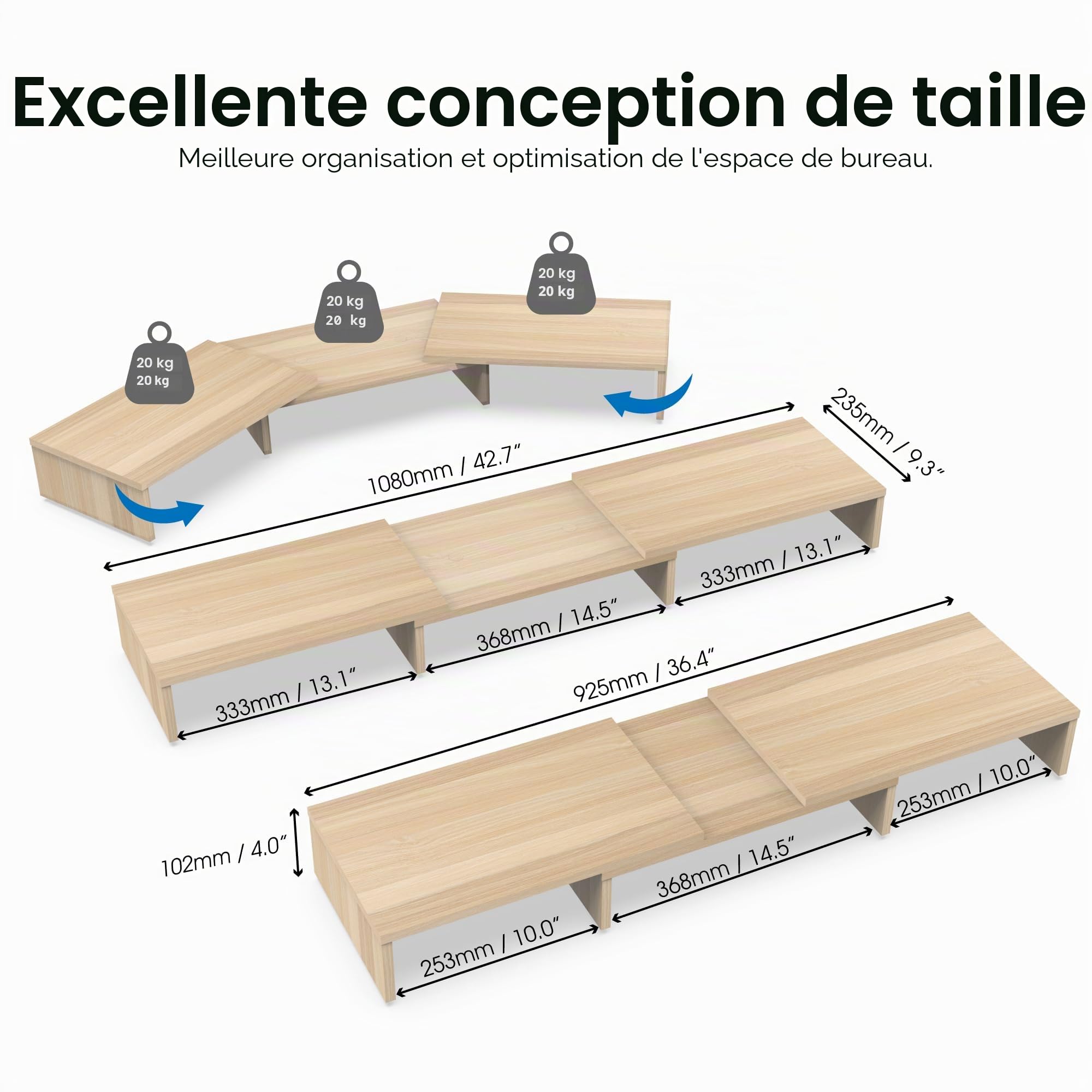 FITUEYES Réhausseur d'Écran en Bois Support de Moniteur Réglable 92,5-108x23,5x10,2cm Chêne