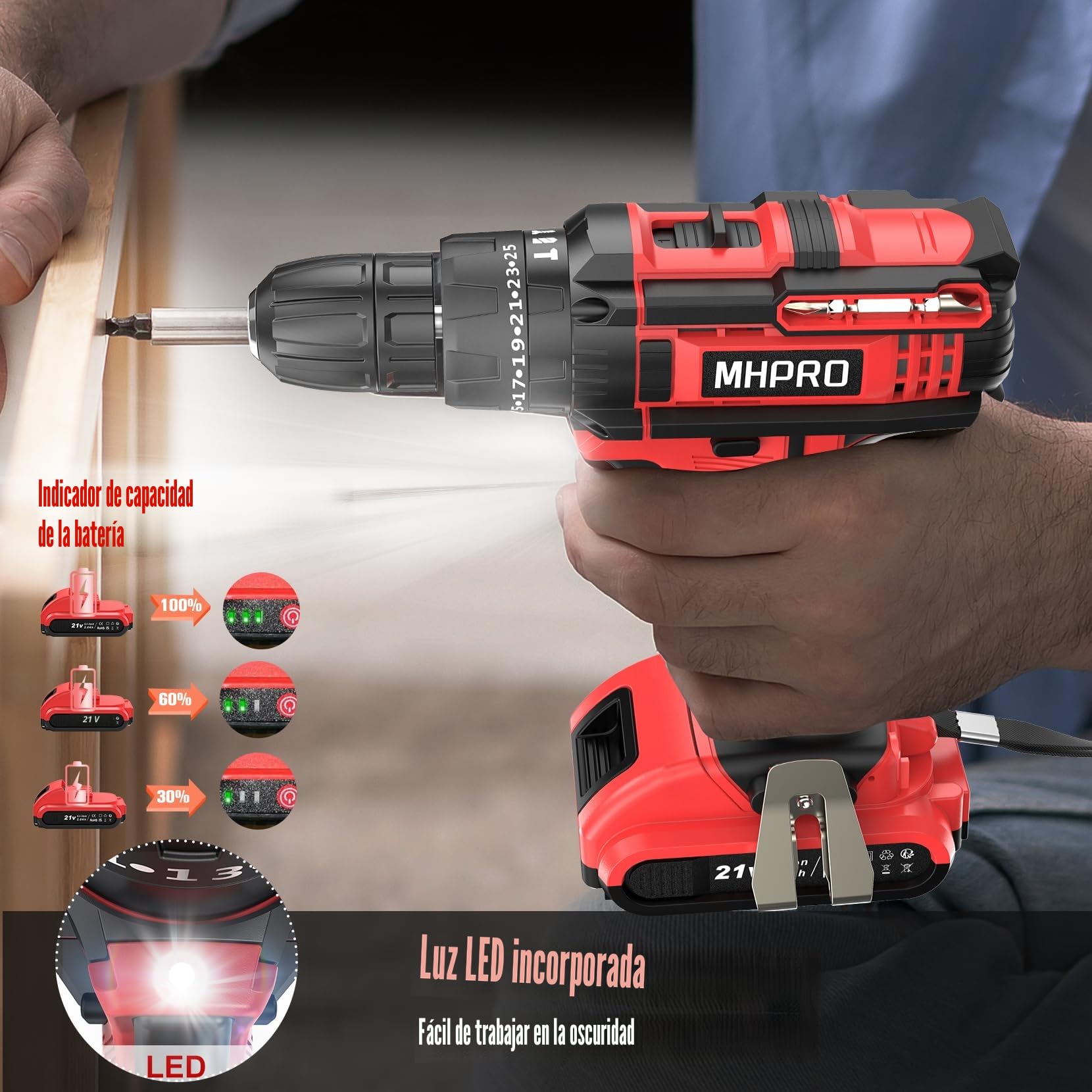Taladro Percutor a Bateria 21V, MHPRO Taladro Atornillador con Batería 2.0Ah, Atornillador Electrico con 42Nm, 25+3 Ajuste de Par, 23 Accesorios, 2 Velocidad, LED Luz Para Hogar, Bricolaje