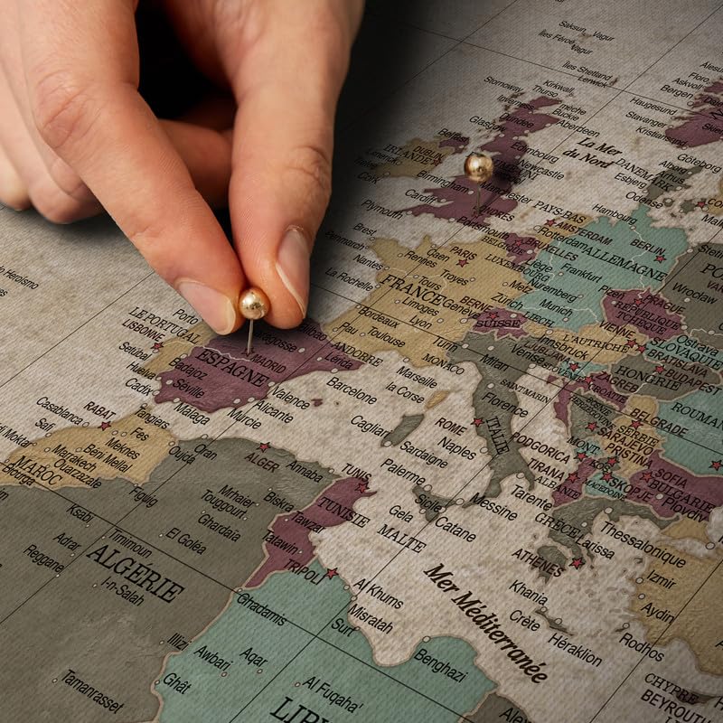 Carte Du Monde Toile Avec Liège 90x60cm - Tableau Affichage Et Décoration Murale En Français
