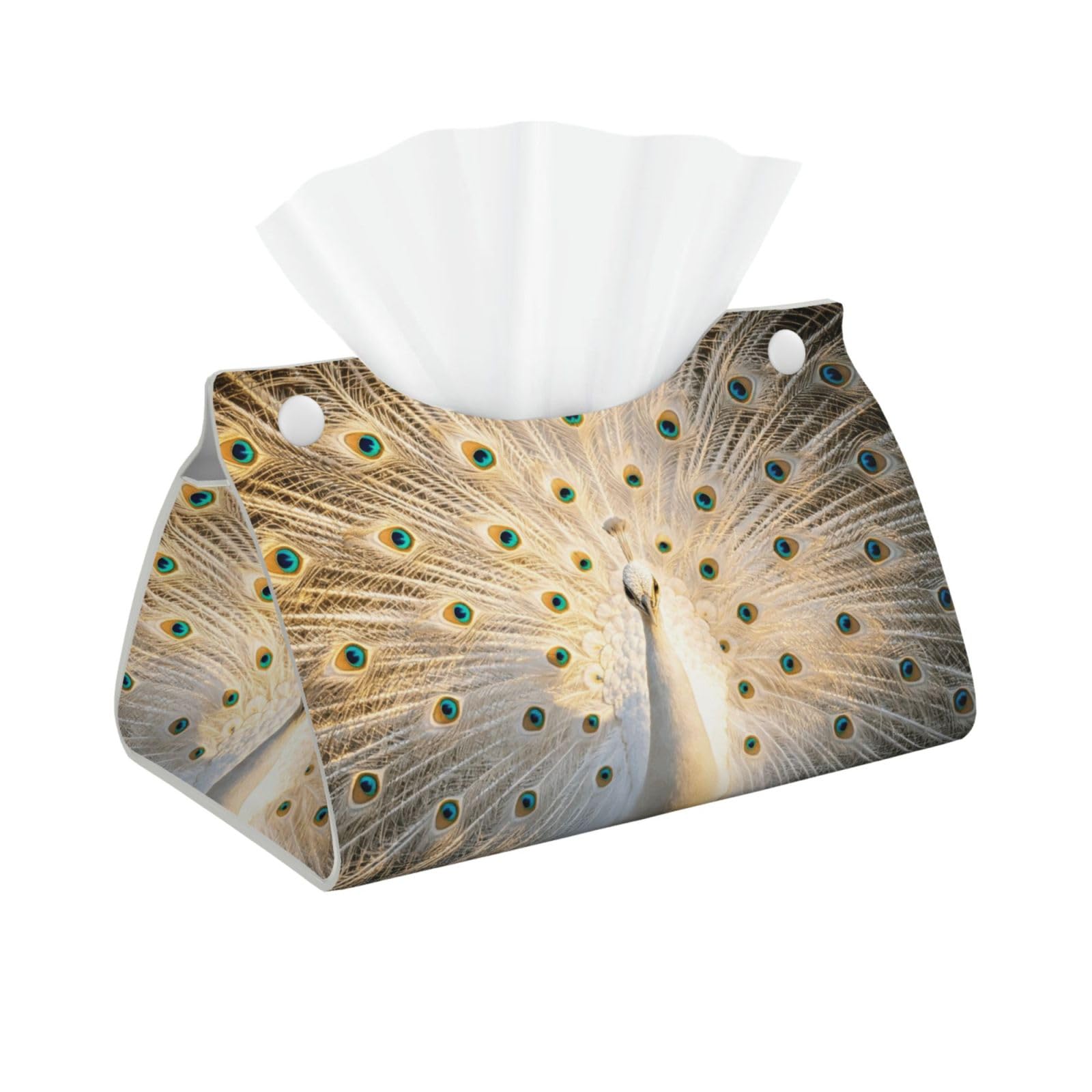White Peacock Art Long Leather Tissue Box Cover-Waterproof PU Leather Tissue Holder for Bathroom, Decorative Rectangular Tissue Case