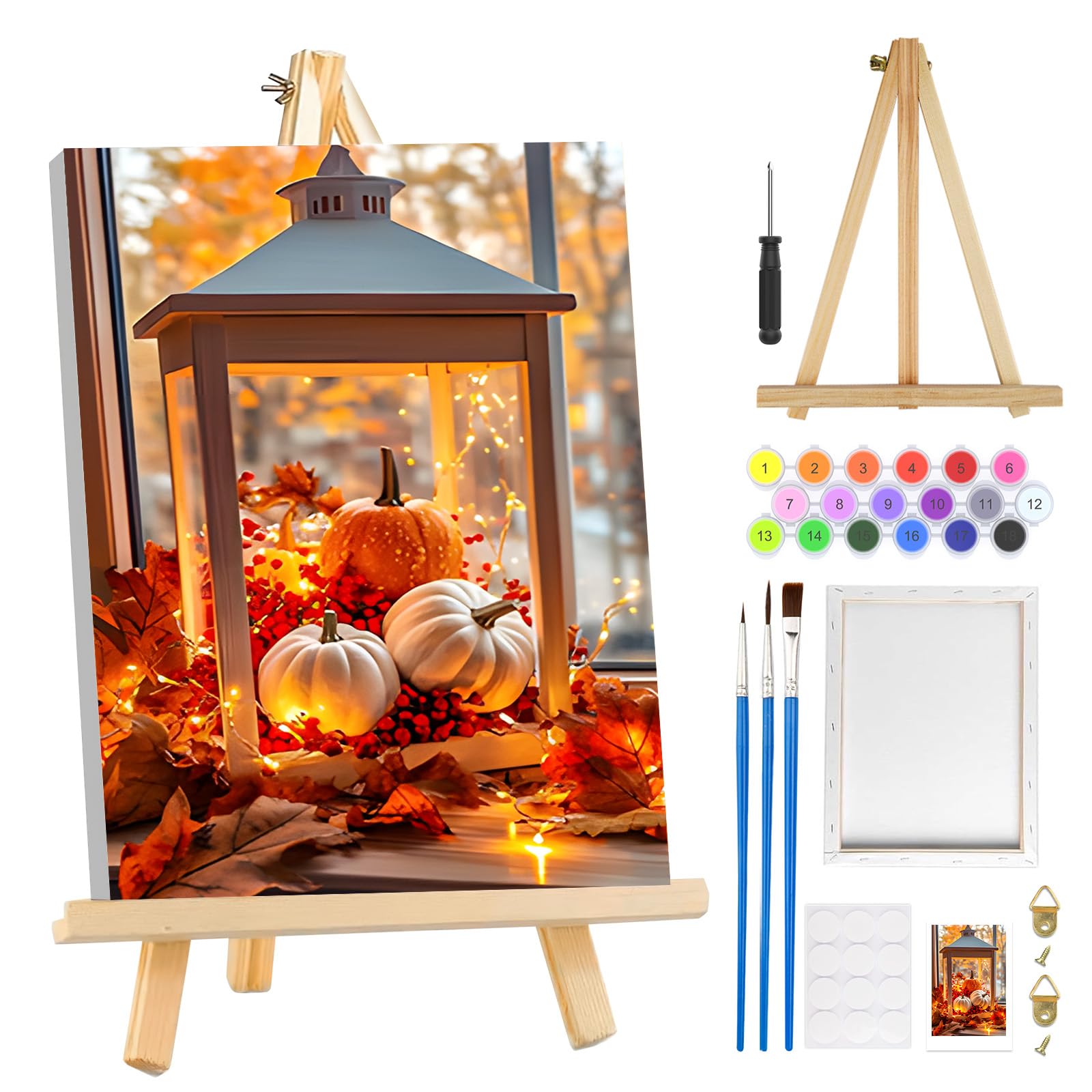 MOGTAA Halloween Paint by Numbers for Adults Beginners with Frame, Autumn Pumpkin Painting by Numbers for Adults with Easel, Easy DIY Landscape Oil Painting Kits Art Crafts for Home Decor, 8x12in