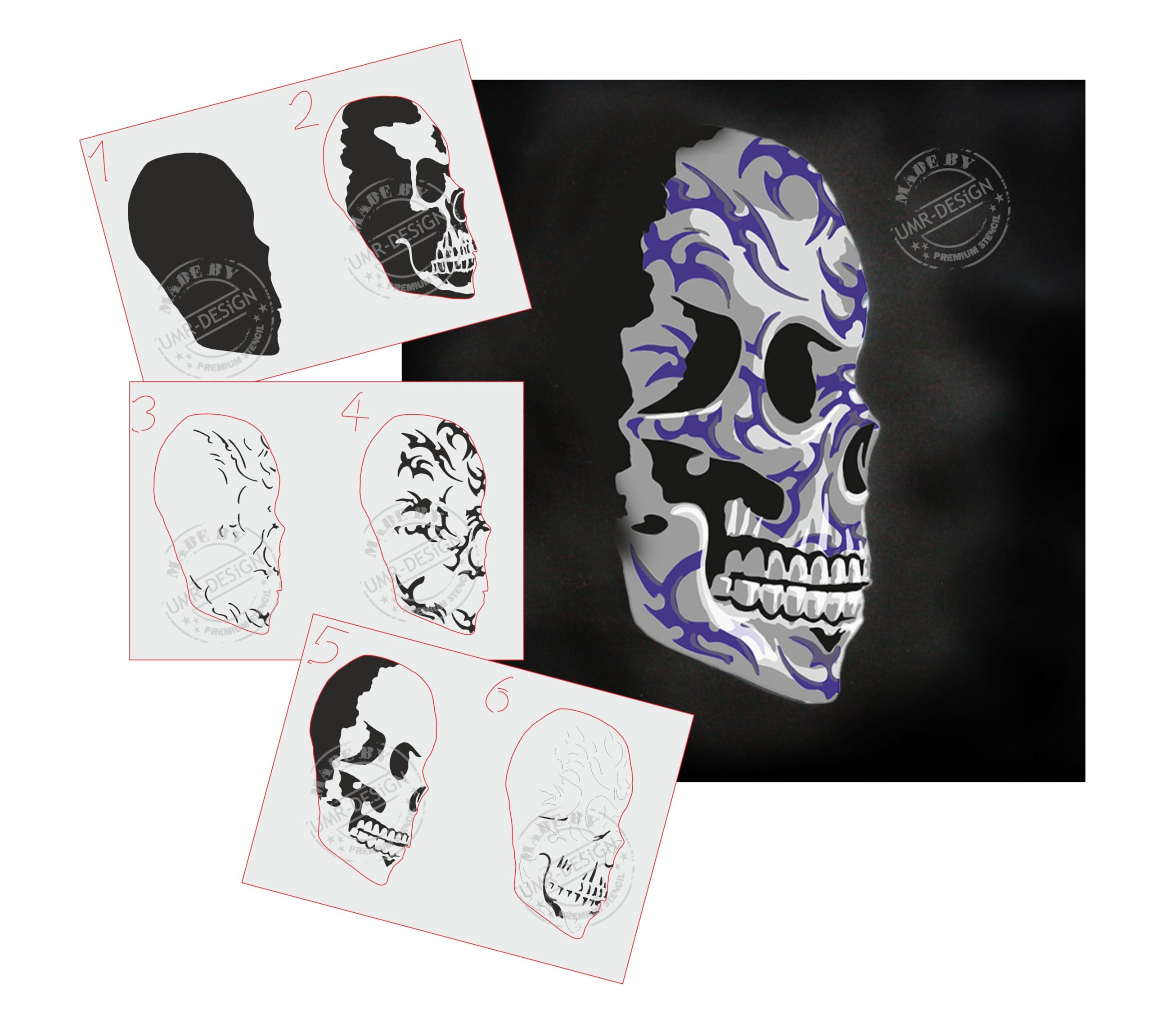 AS-103 tribal skull Airbrushschablone Step by Step Grösse XL