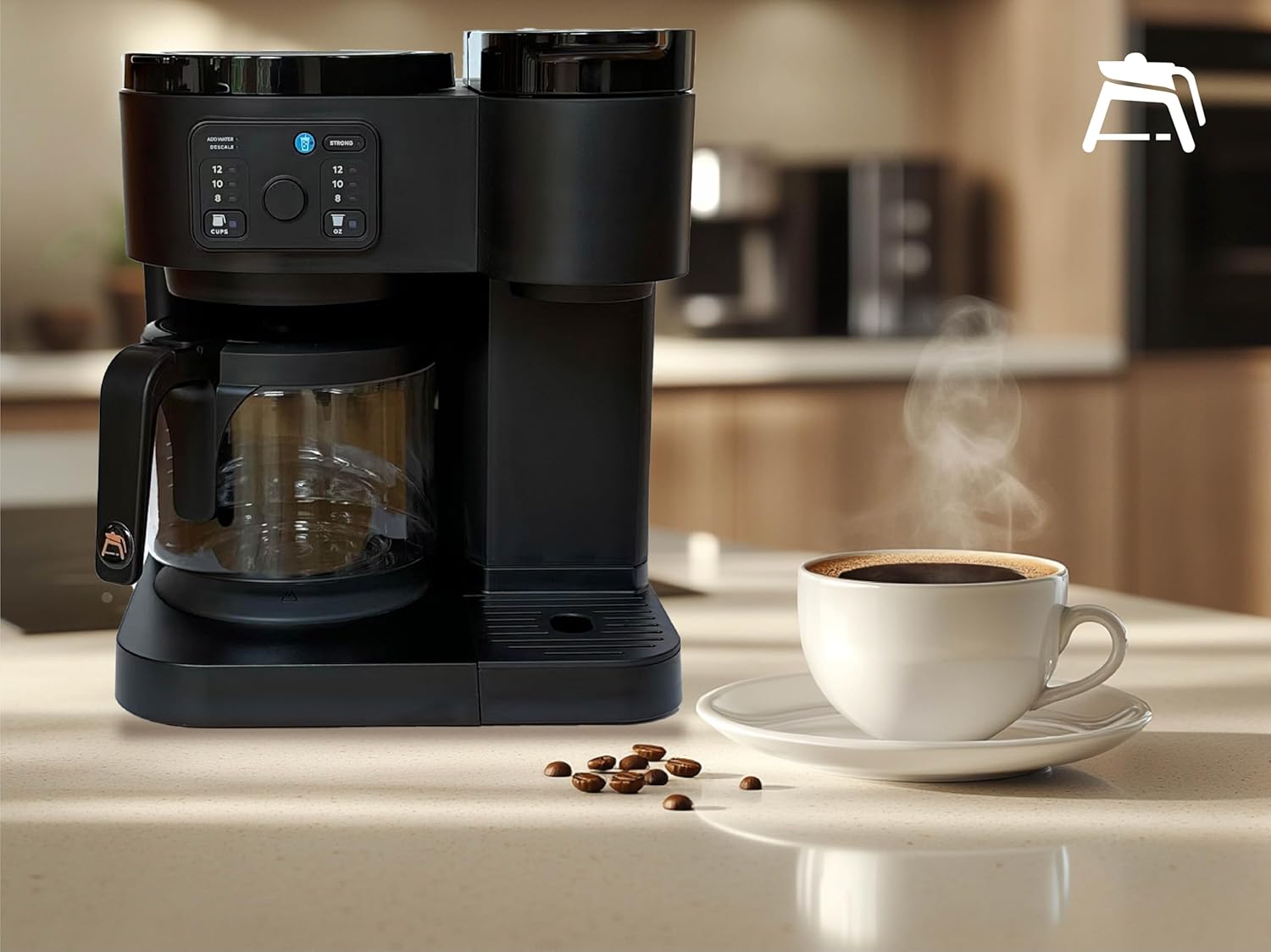 12-cup coffee pot replacement carafe filled with coffee, placed in a Keurig K-Duo Essentials coffee maker, with a cup of coffee next to it.