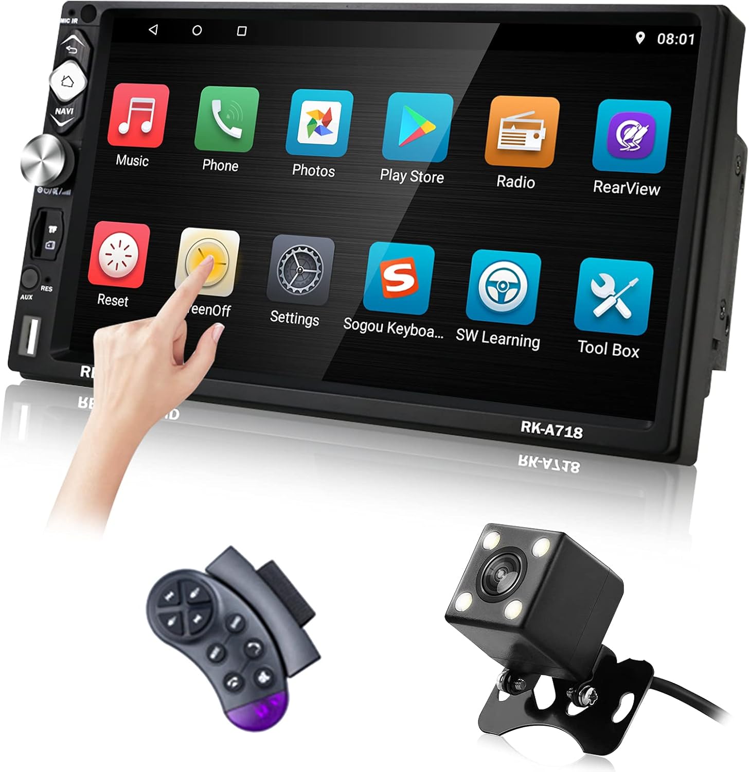 7 Inch Android Double Din Bluetooth Car Stereo with GPS Navigation, Rimoody 7'' Touch Screen Car Radio with WiFi FM Mirror Link USB/TF Card Subwoofer Output with Backup Camera, Steering Wheel Control 