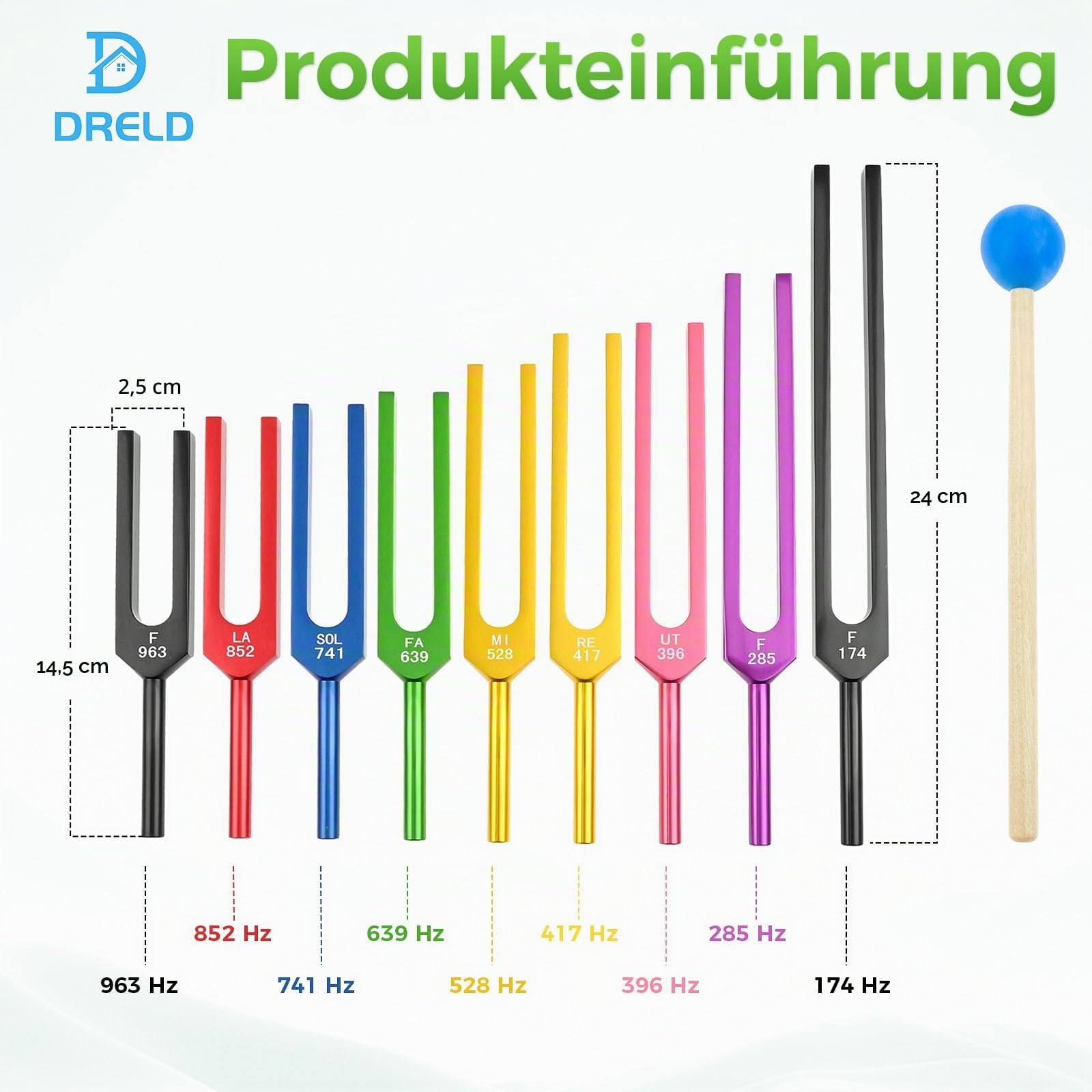 DRELD Buntes Solfeggio Stimmgabel Set mit Holzständer＋Hammer＋9 Stimmgabeln＋Tuch aus Aluminium für Heilmeditation Yoga Entspannung (174HZ, 285HZ, 396HZ, 417HZ, 528HZ, 639HZ, 741HZ, 852HZ, 963HZ)