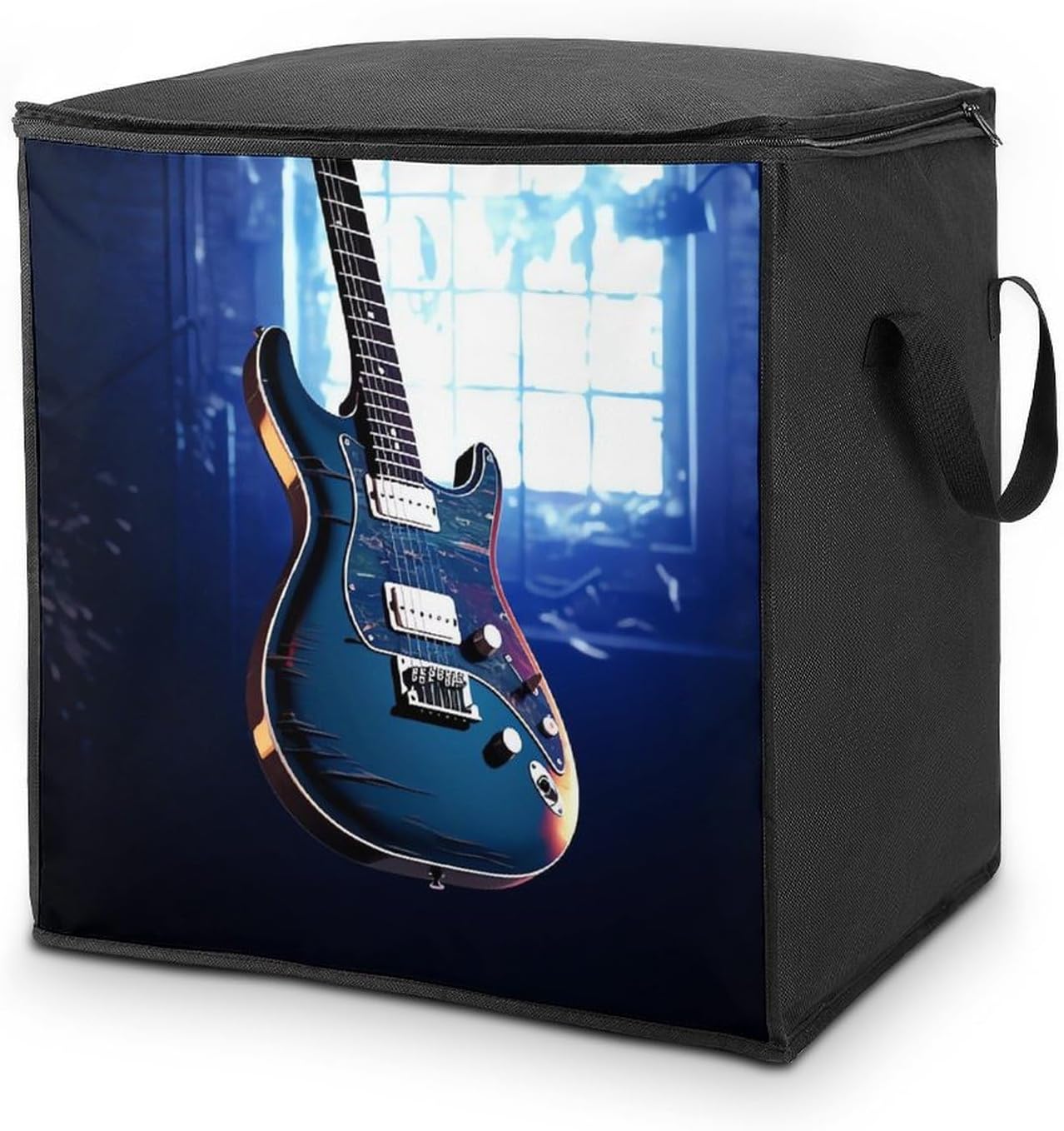 Portable Quilt Storage Bag,Blue Guitar Printed Foldable Wardrobe Storage Box Foldable Storage Bag with Lids And Handle Large Clothing Storage Bag for Comforters Clothes Blankets Pillows