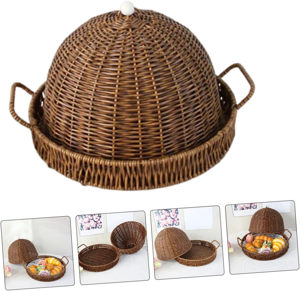 Handwoven Imitation Rattan Snack Basket with Lid Decorative Bread and Fruit Tray for Kitchen and Home Multi-functional Food Table Tray Stylish Lidded Storage for Freshness and