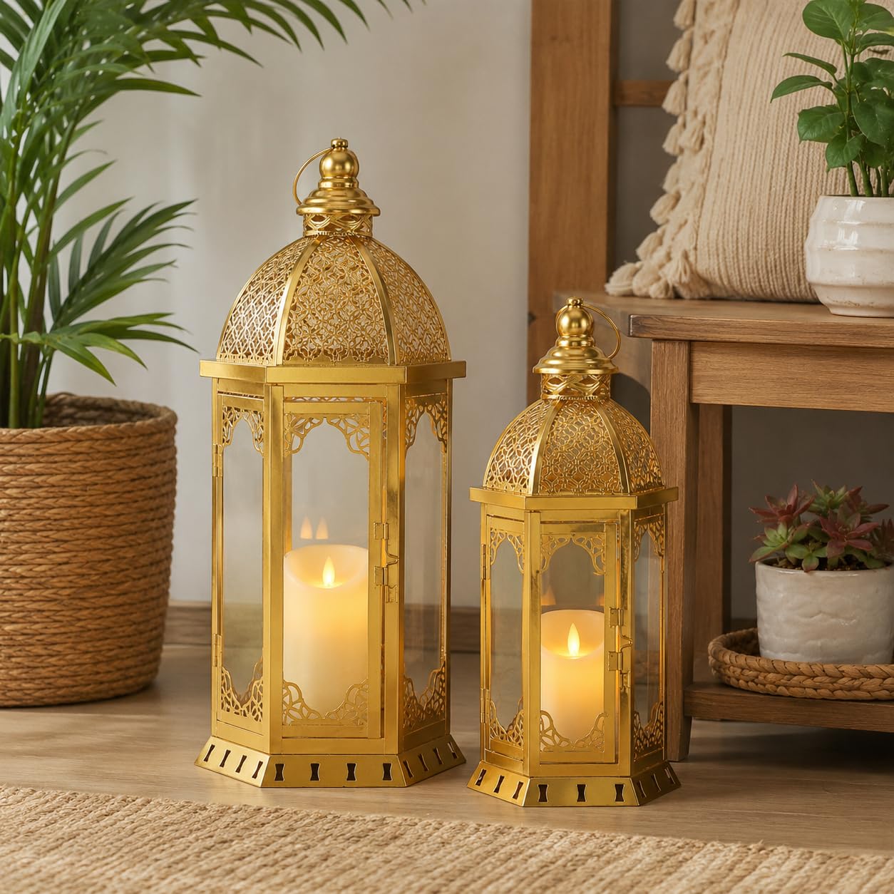 JHY DESIGN Zestaw 2 dekoracyjnych latarni na świece, wysokość 50 i 38 cm, do użytku na zewnątrz, w stylu vintage, metalowy, do ogrodu, na werandę, imprezy, wesela, taras, do wnętrz, dekoracja
