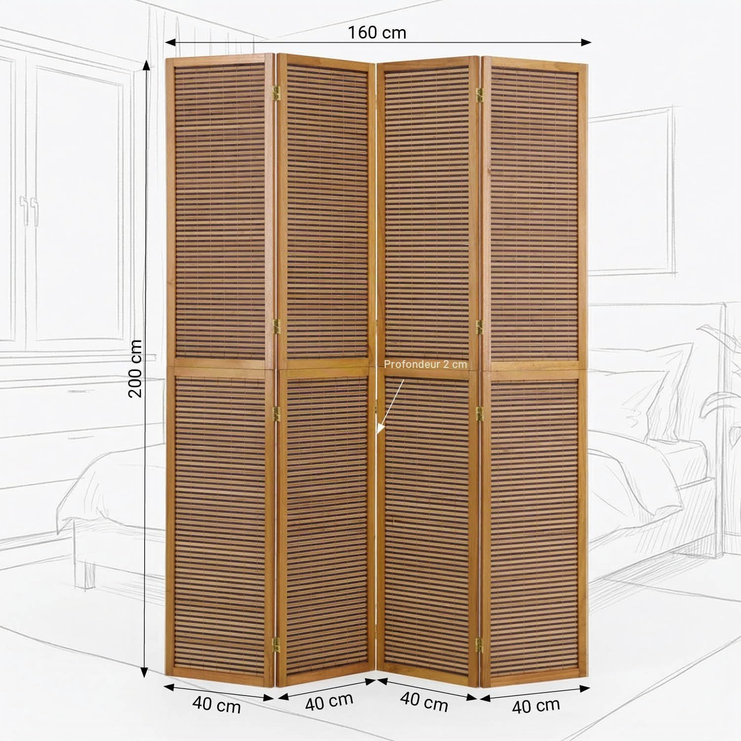 Homestyle4u Paravent Interieur Hauteur 200 cm du Bambou en Brun Clair 4 Panneaux séparateur de pièce décoratif