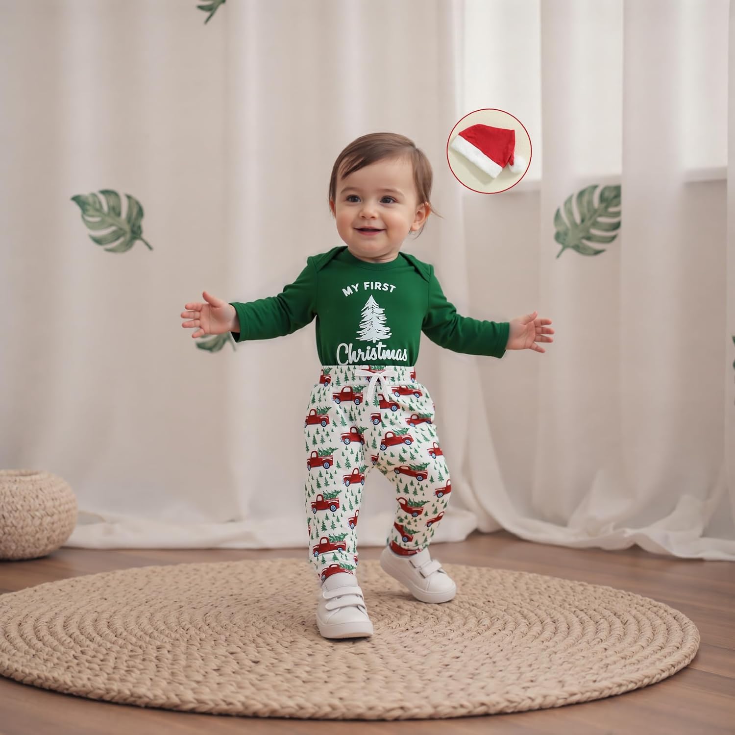 Baby Boy First Christmas Outfit Long Sleeve Truck Tree Print Romper Jogger Pants Hat Newborn Fall Winter Clothes Set - Image 2