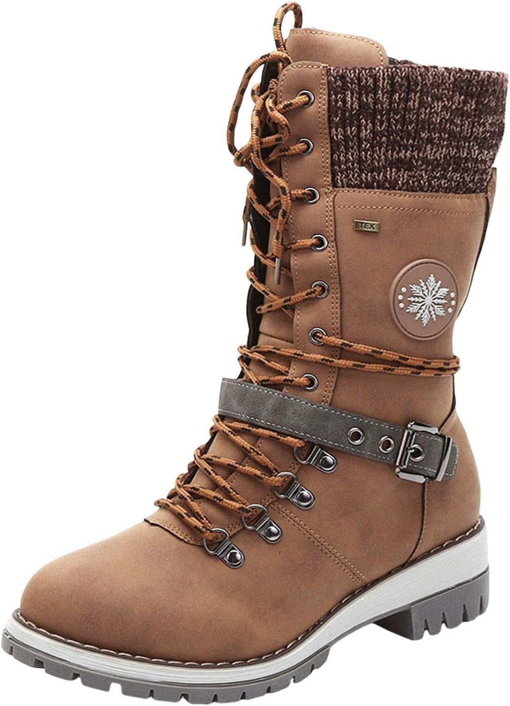 Snow Boots for Women Winter Warm 2025 Stretch Knit Combat Boots Non Slip Chunky Low Heel Ankle Booties Round Toe Lace Up Mid Calf Boots Buckle Fashion Work Riding Boots