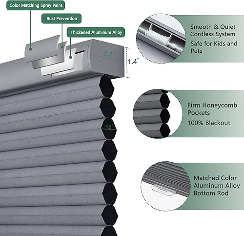 Miniatura 2 de Persianas celulares de tamaño personalizado, sin cordones, 100 % opacas para ventanas, persianas de panal de abeja de 1.5 pulgadas, reducción de