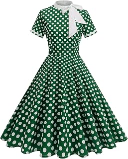 50s Style Dresses for Women Vintage Polka Dot Short Sleeve Tie Neck Swing Dress Midi Prom Retro 1950s Dress