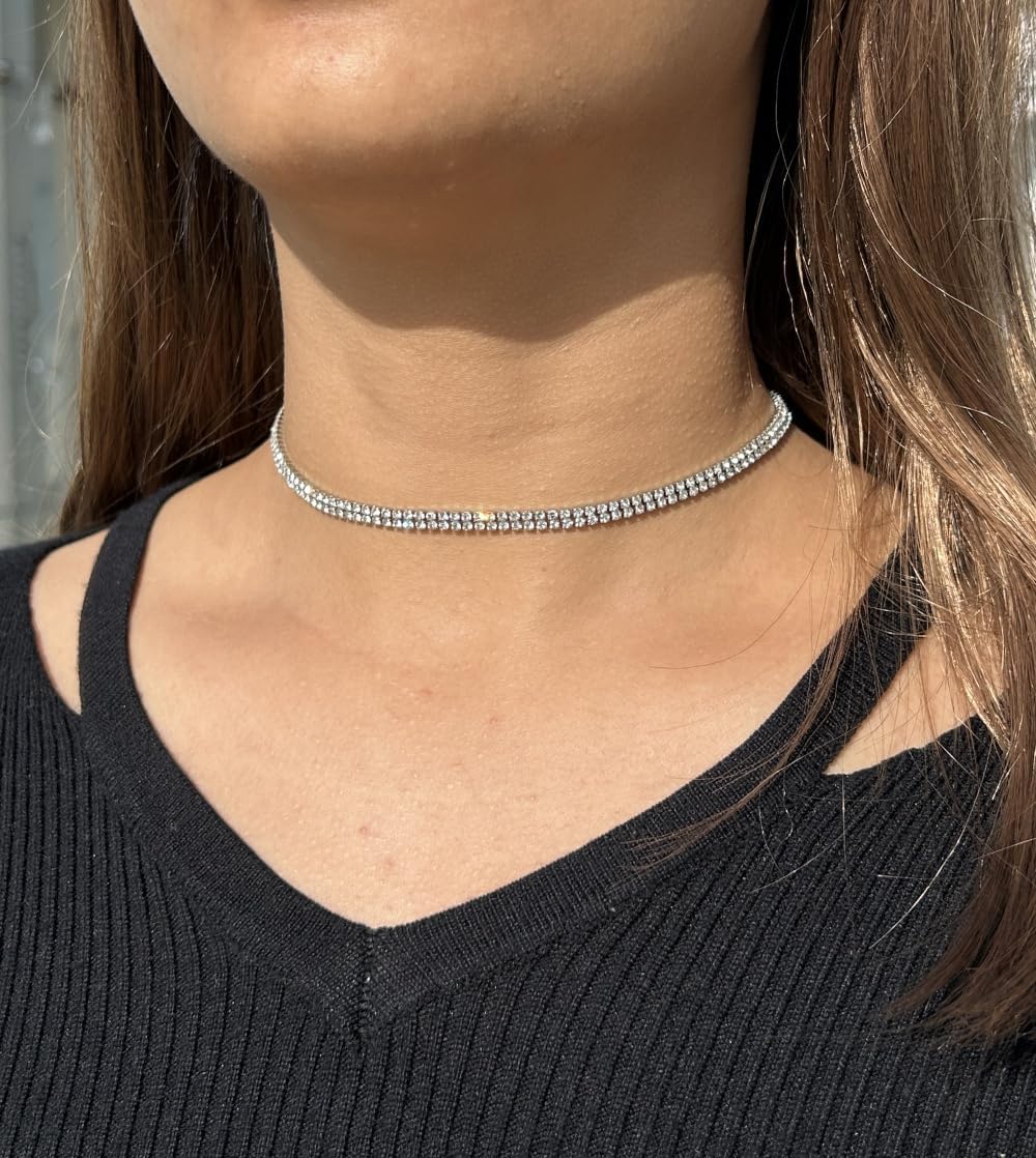 WangGao Stainless Steel Double Layer Rhinestone Choker Sparkling Crystal Tennis Necklaces for Women Shiny Cubic Zirconia Choker Jewelry Bridal Wedding Bridesmaid - Image 9