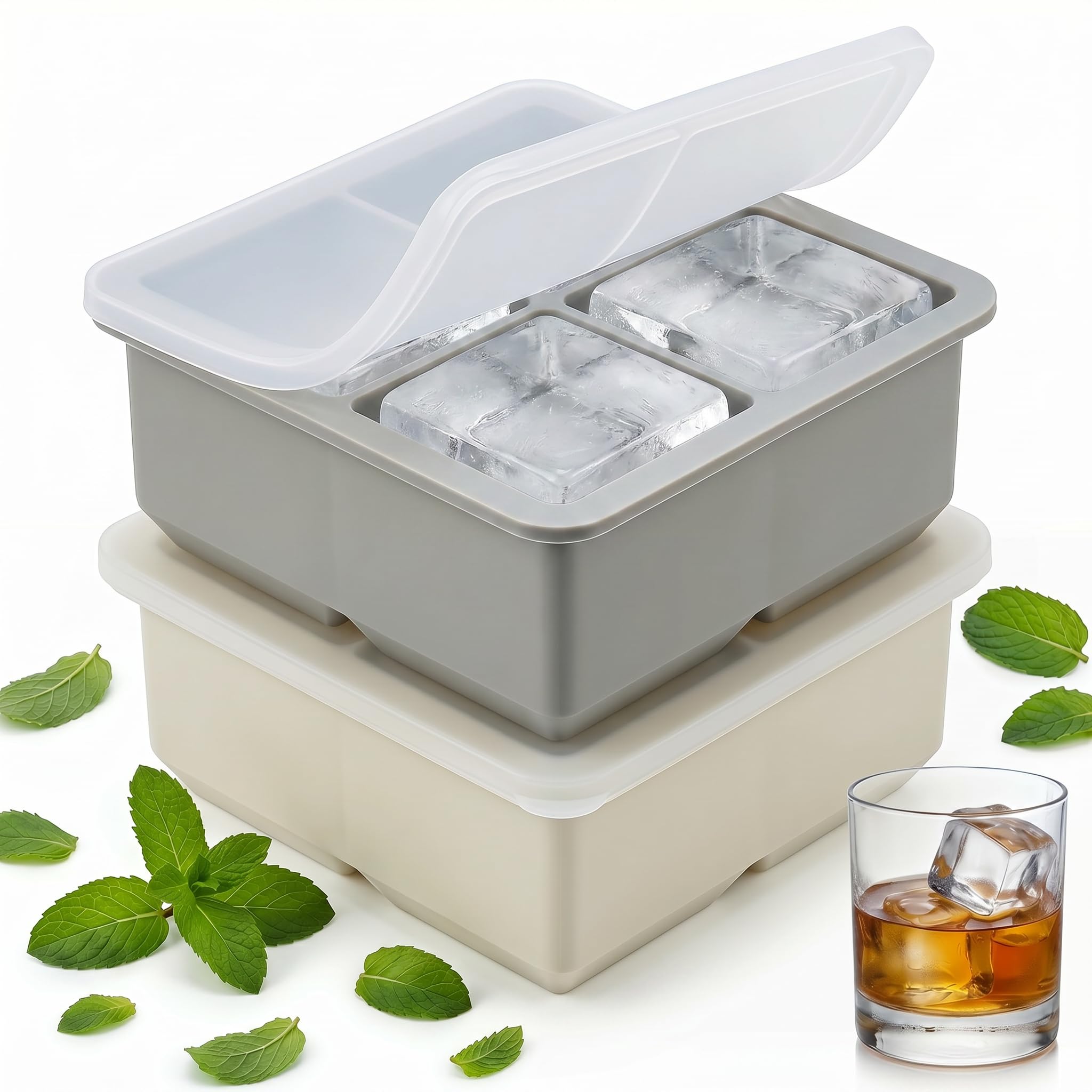 Ameinu Silicone Ice Cube Trays with Lids, 2 Pack - 8 Extra Large 5cm Ice Cubes, BPA-Free Stackable Freezer Moulds for Whiskey, Bourbon & Cocktails, Easy Release Reusable Ice Tray for Adult Beverages