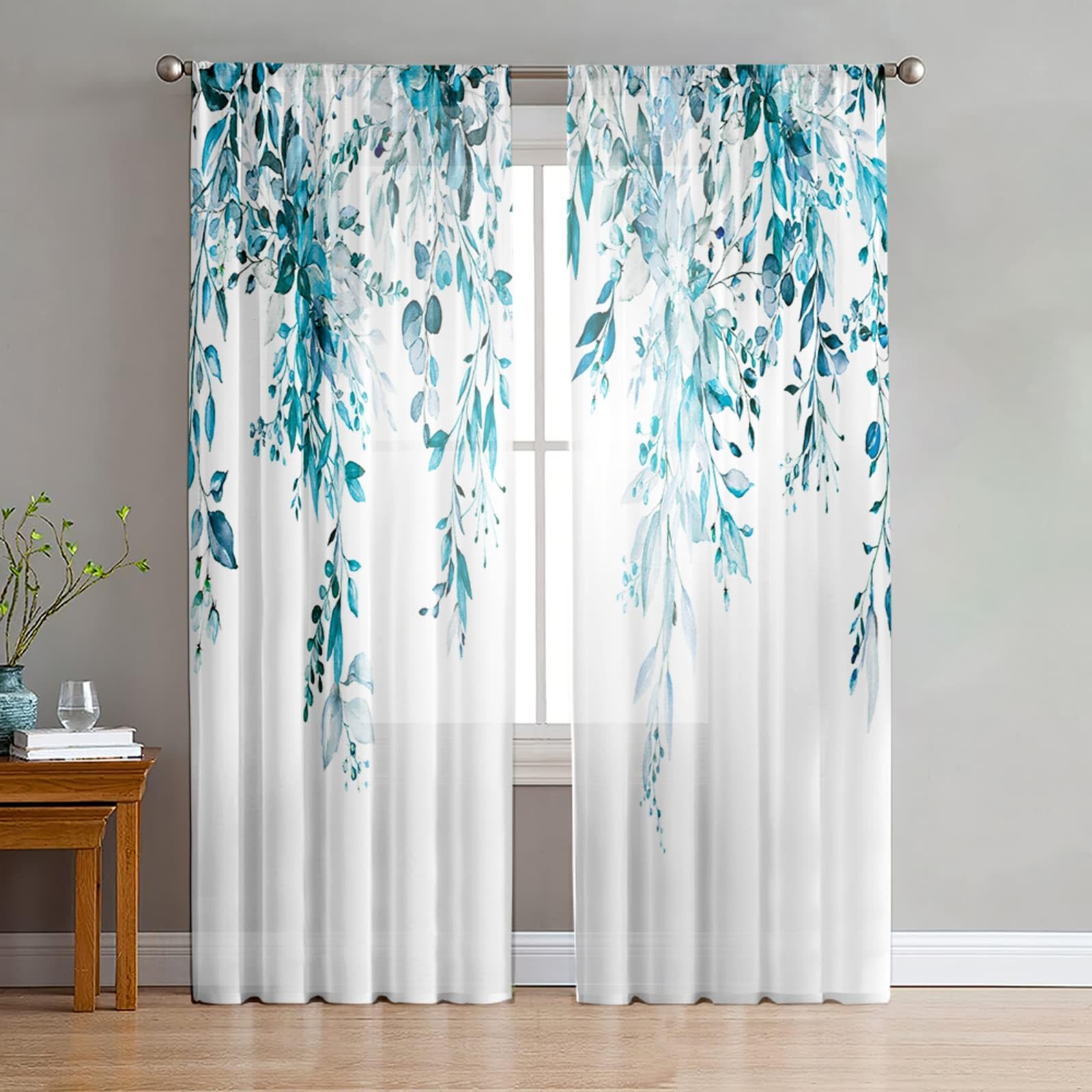 Odot Voile Net Curtains for Windows Living Room, 3D Leaf Pattern Rod Pocket Semi Sheer Curtains 2 Panels Light Filtering Translucent Tulle Voile Panel for Decorative (Blue Leaf A,55x108in)