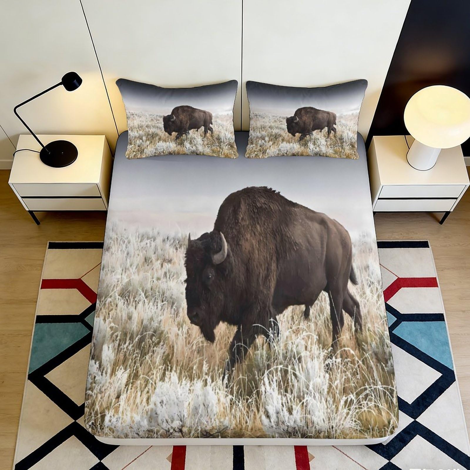 3D Printed Bison Prairie Fitted Sheet Microfiber Soft Animal Grassland Mattress Cover for Bedroom Guest Room Decor 90x200x25cm