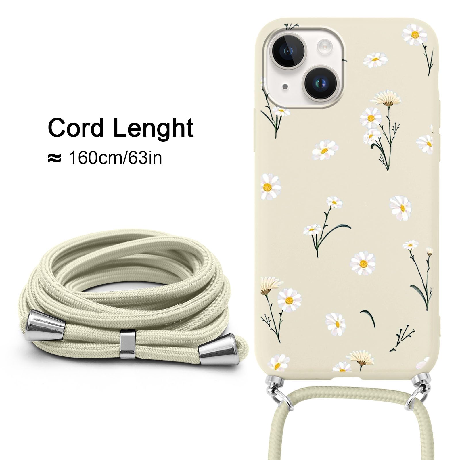 Coque Avec Cordon Collier Pour IPhone 16 Pro Max - Motif Fleur Esthétique, TPU Silicone Antichoc Beige