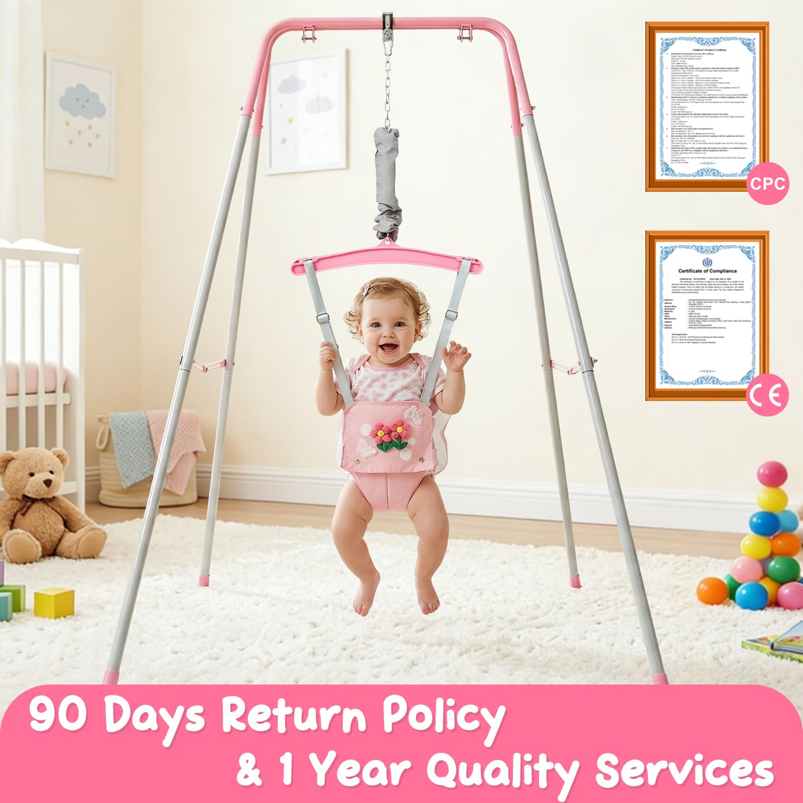 FUNLIO Baby-Hüpfsitz mit Ständer für 6–24 Monate, verstellbare Kette, Rosa Schmetterling