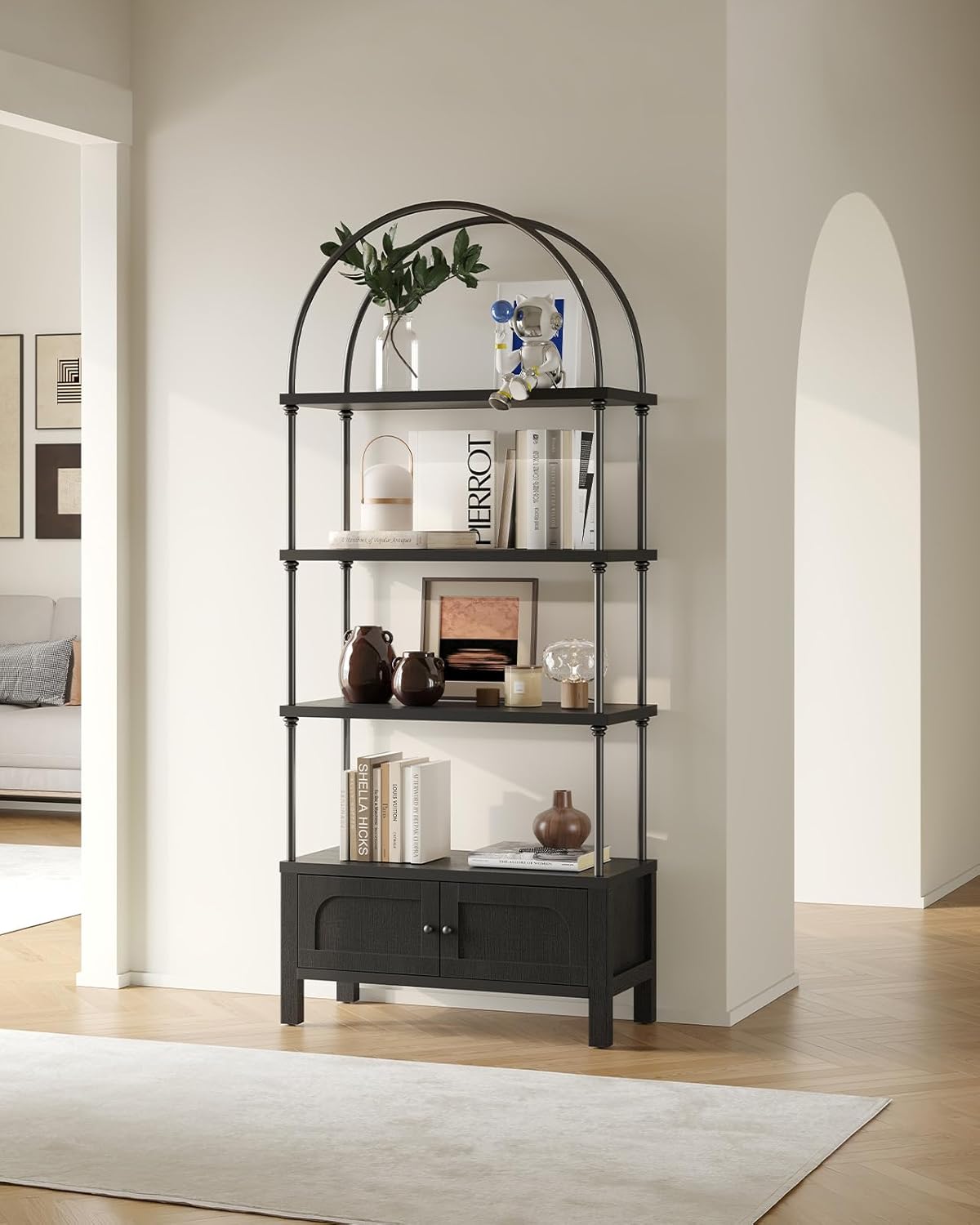 Small Bookshelf with Door 54 Inches Wood Bookcase Black Book Shelf with Storage Cabinet Heavy-Duty Shelving Board Aesthetic Display Shelving Unit for Living Room/Office
