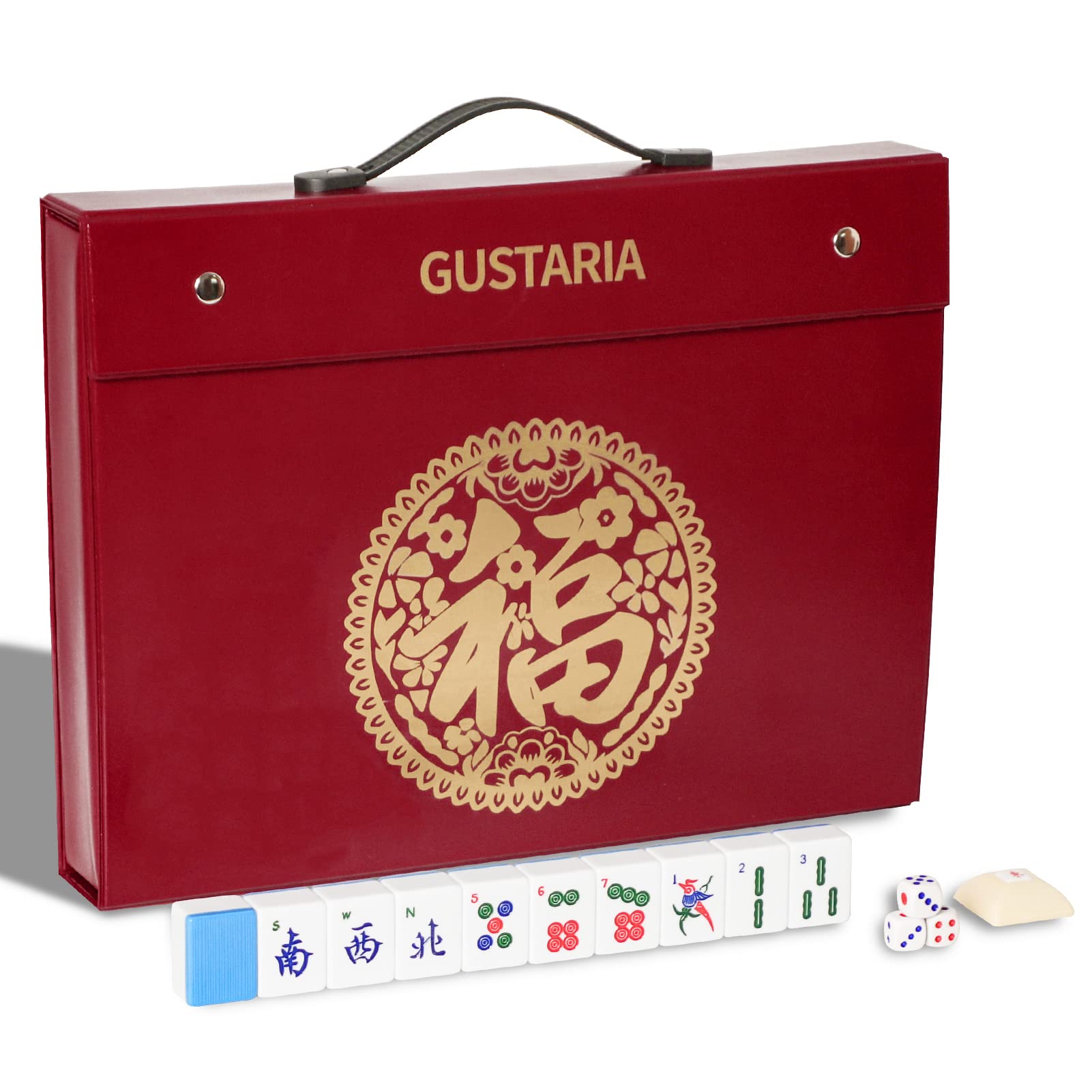 GUSTARIA Chinese Mahjong Game Set, with Large (1.5") 144 Numbered Melamine Blue Tiles, 2 Spare Tiles, 3 Dice and a Wind Indicator, Upgrade Carrying Travel Case with English Instruction Included