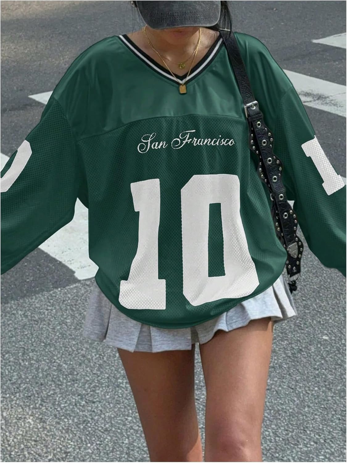 Women's Jersey Shirts Number Letter Graphic V Neck Long Sleeve Oversized Sports T Shirts Tops - Image 6