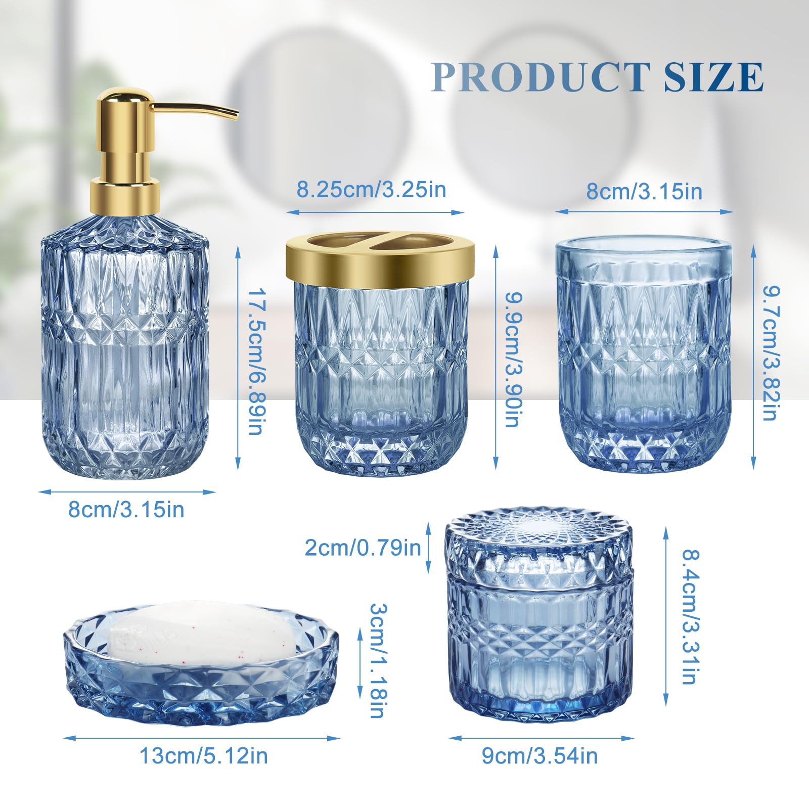Ensemble de Salle de Bain 5 pièces en Verre, Accessoires de Salle de Bain en Verre, Distributeur de Savon Moderne, Porte-Savon, Porte-Brosse à Dents, bidon de Cotons-tiges, gobelet (Bleu)