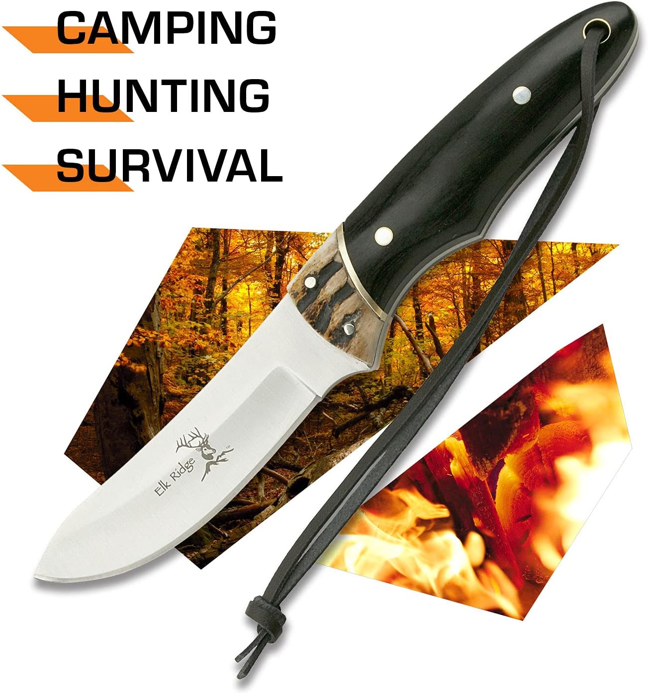 Elk Ridge - Outdoors Fixed Blade Knife - 7.25-in Overall, 3-in Satin Finish Stainless Steel Blade, Jig Bone and Wood Handle, Black Leather Sheath - Hunting,. Camping, Survival - ER-088