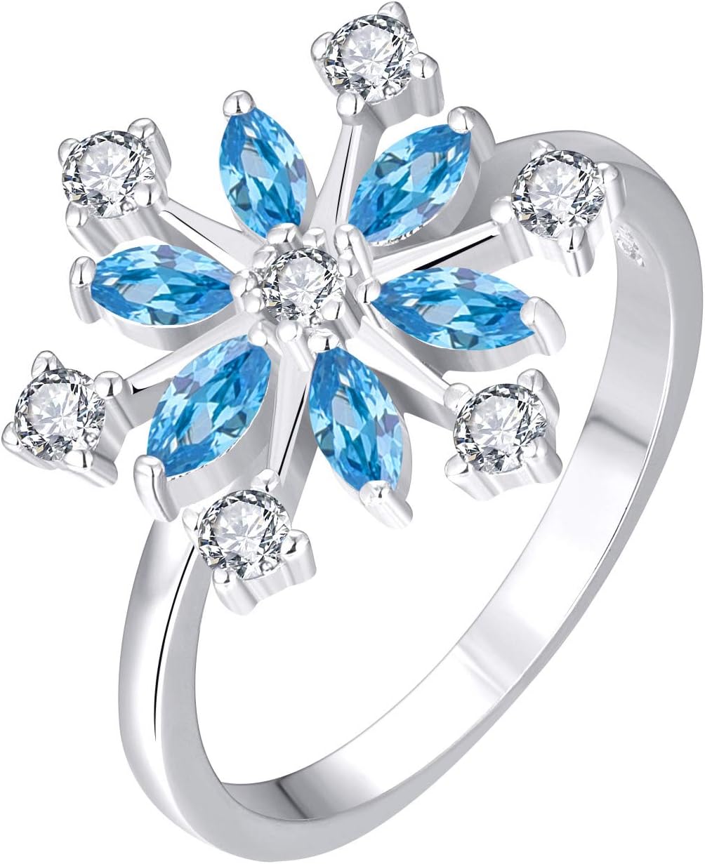 JO WISDOM Snowflake Ring,925 Sterling Silver White/Blue Snowflakes Ring with 3A Cubic Zirconia,Jewelry for Women,Christmas Gifts