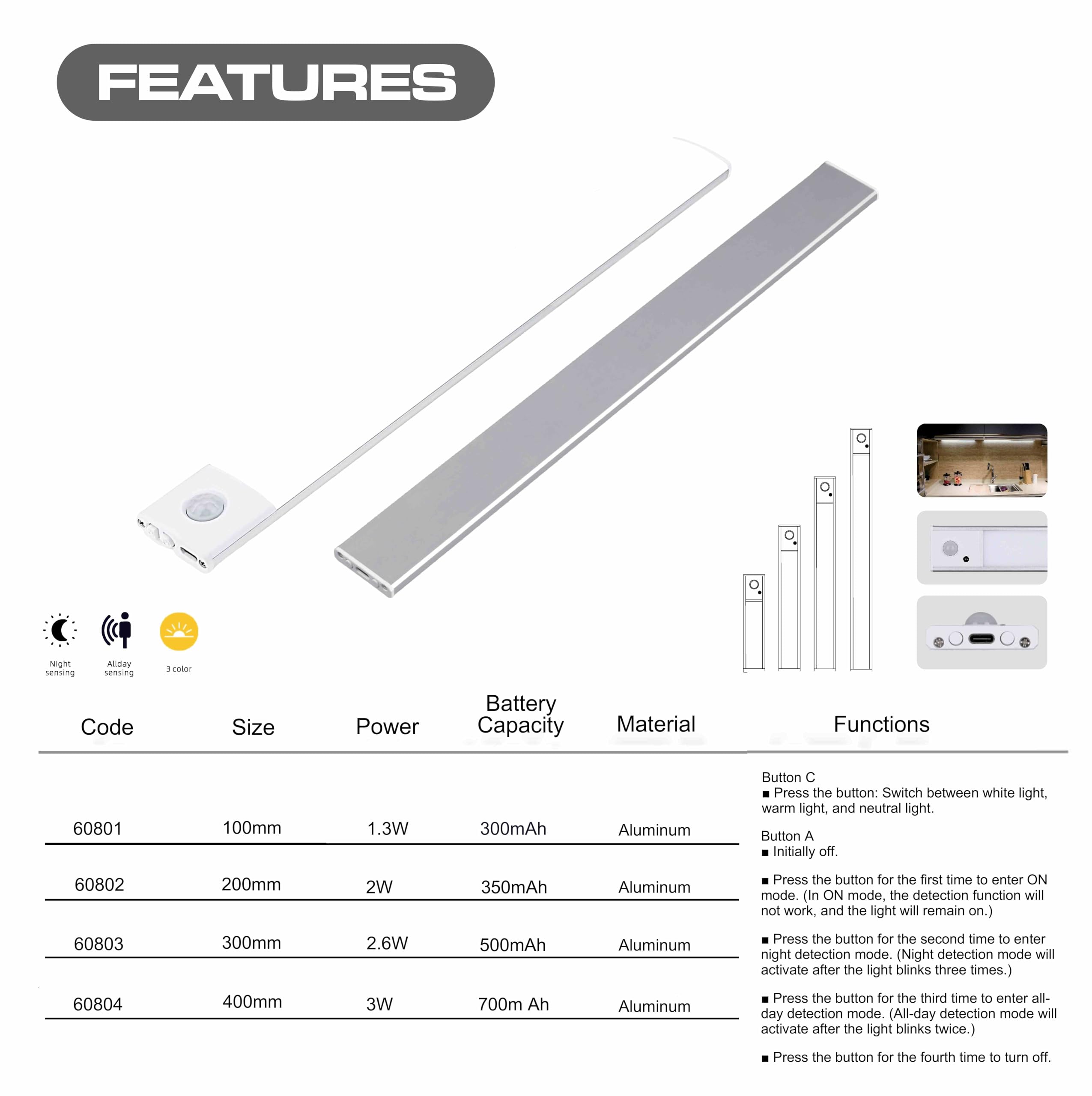CLAR - Lampe LED Sous Meuble avec Détecteur de Mouvement, Sans Fil et Rechargeable, Éclairage Magnétique pour Cuisine et Armoire, 10 cm (Pack 5)