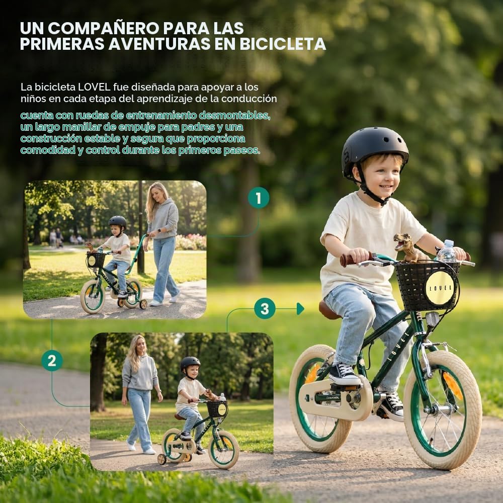 sun baby Lovel Bicicleta niño y niña 14 o 16" | Para 3–6 años, hasta 50 kg, ruedines, cesta, timbre y protector de cadena
