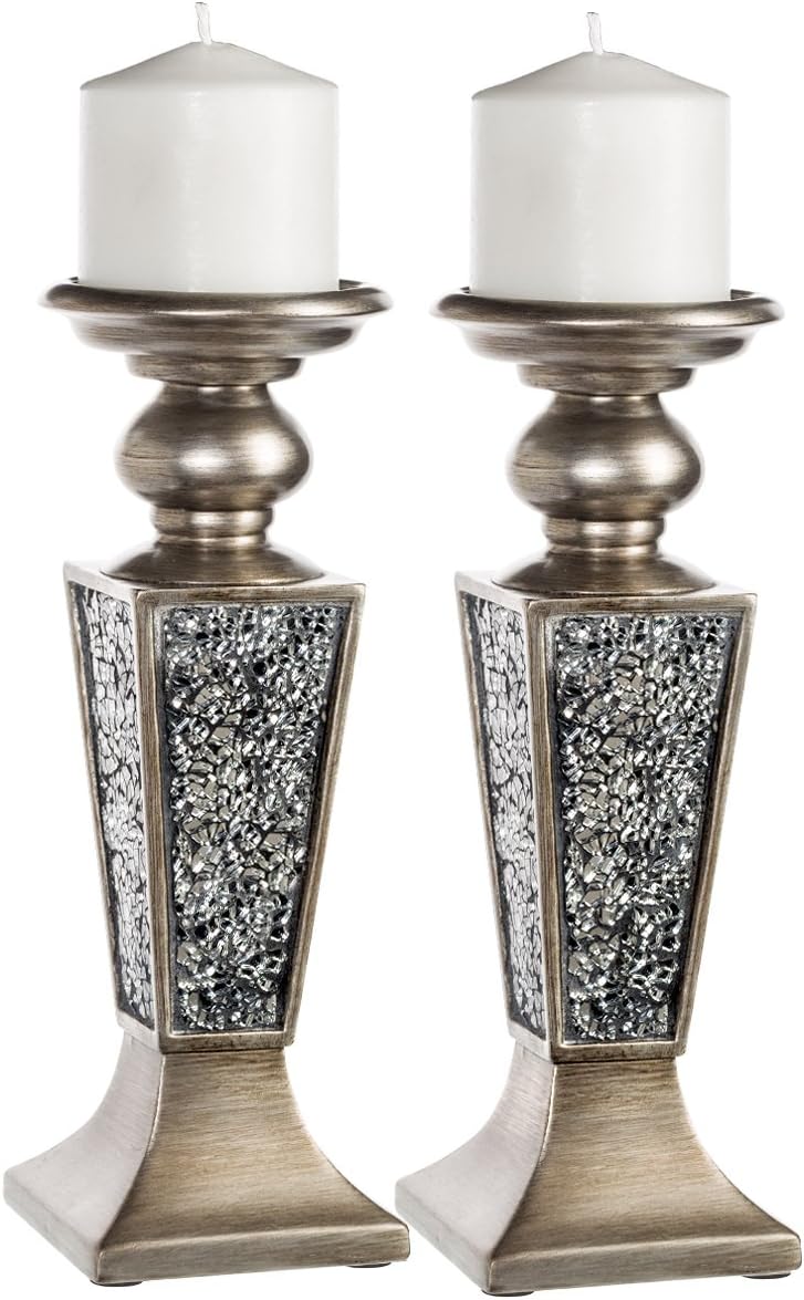 Creative Scents Schonwerk Pillar Candle Holder Set of 2- Crackled Mosaic Design- Home Coffee Table Decor Decorations Centerpiece for Dining/Living Room- Best Wedding Gift (Silver)